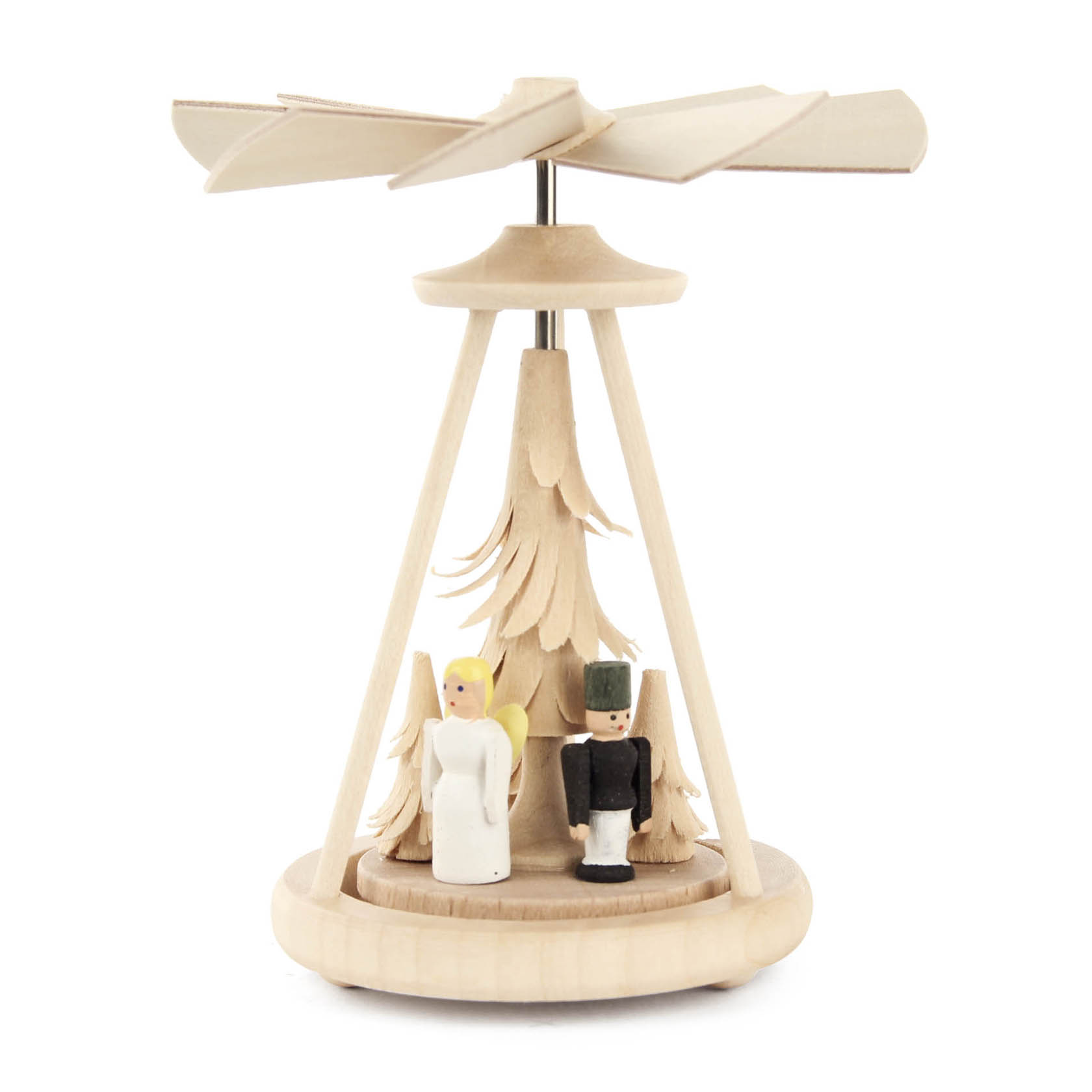 Holzpyramide mit einem Engel und einem Bergmann in traditioneller Kleidung, darüber Flügel, die durch Wärme angetrieben werden. im Dregeno Online Shop günstig kaufen