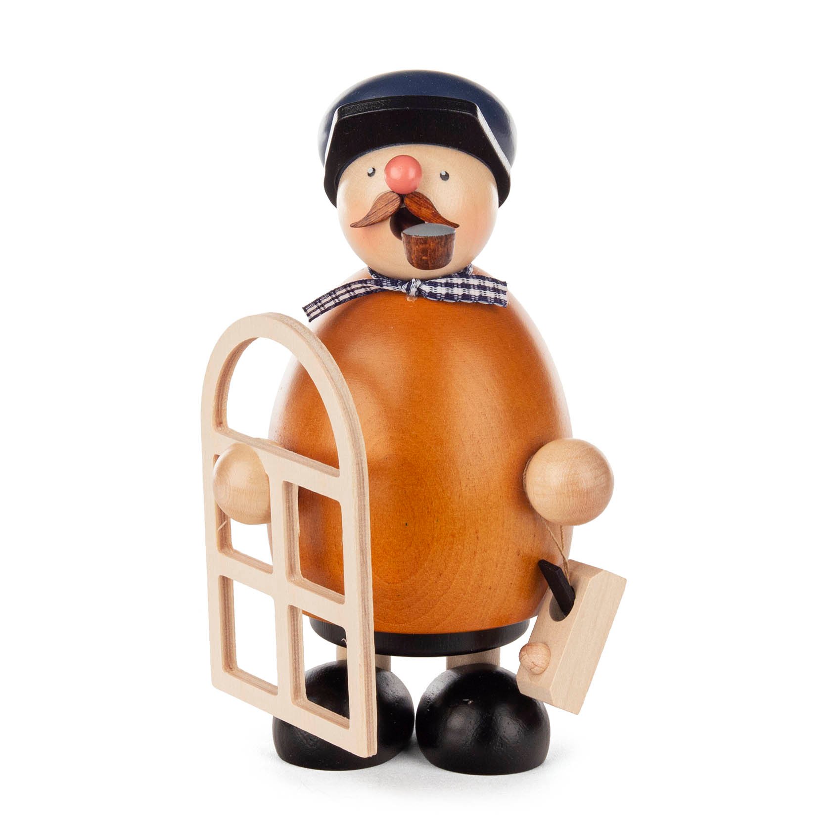 A wooden smoker figurine of a carpenter with a rounded body, holding a window frame in one hand and a saw in the other. im Dregeno Online Shop günstig kaufen
