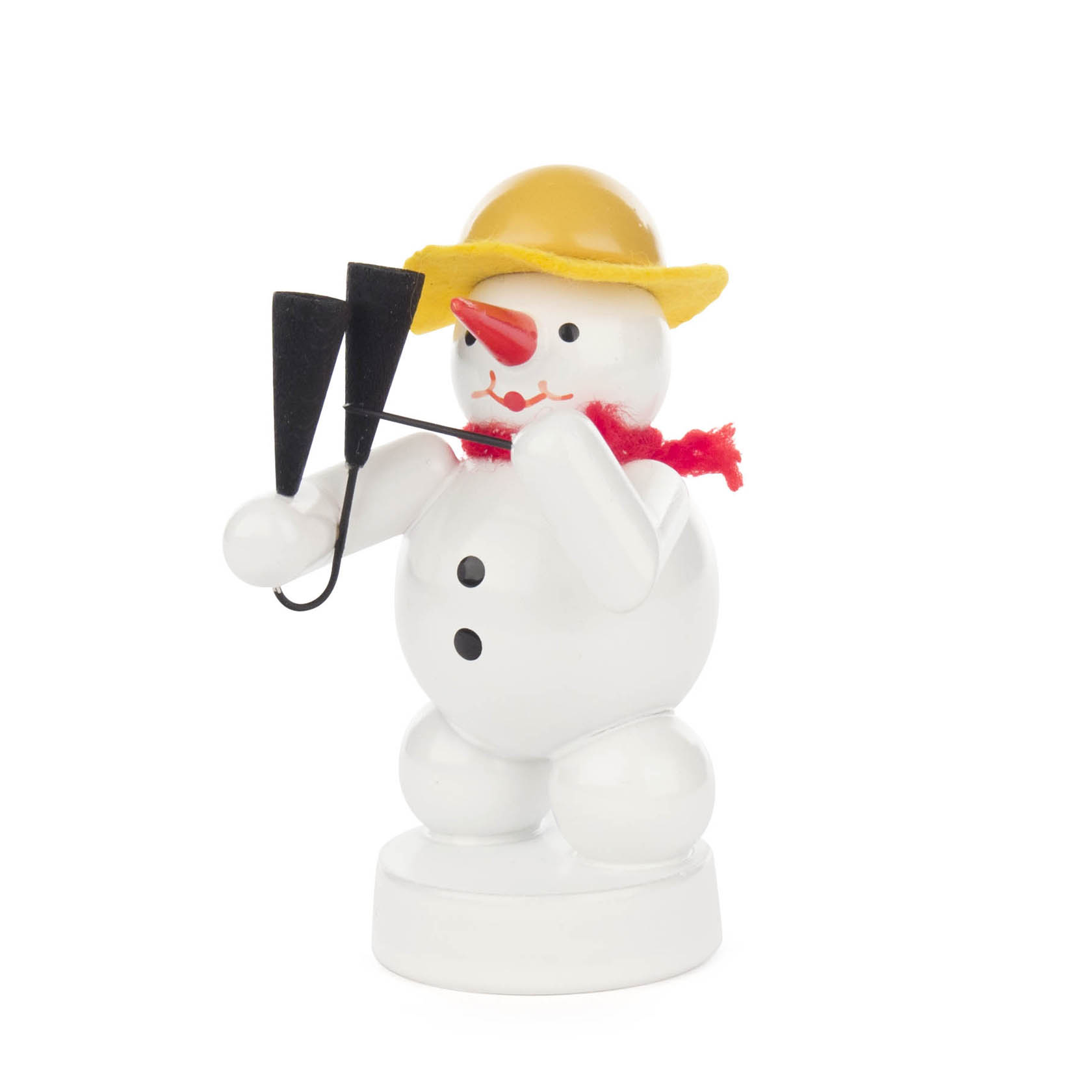 Ein Schneemann mit rotem Schal und gelbem Hut hält eine schwarze Agogo-Glocke in den Händen. im Dregeno Online Shop günstig kaufen