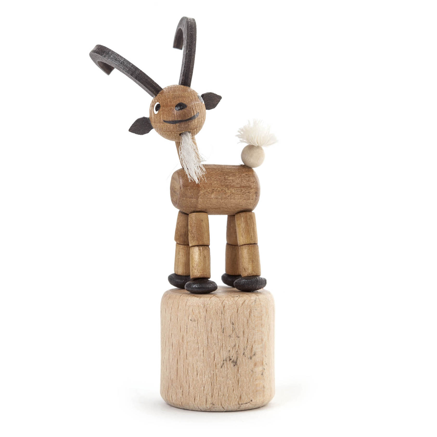 Ein hölzernes Wackeltier in Form eines Steinbocks mit beweglichen Gliedern und einem fröhlichen Gesicht, stehend auf einem runden Sockel. im Dregeno Online Shop günstig kaufen