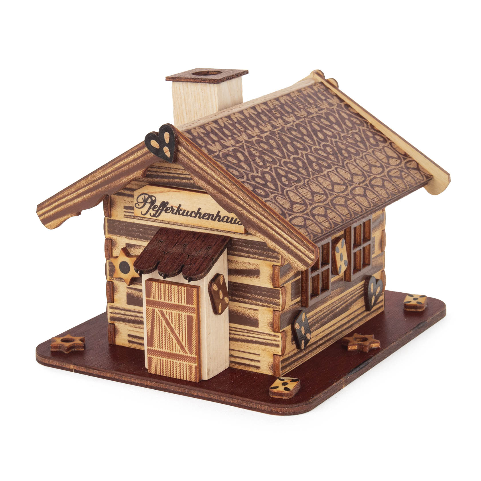 Ein Holzmodell eines Räucherhauses in Form eines Pfefferkuchenhauses mit Beschriftung 'Pfefferkuchenhaus', verziert mit keksenähnlichen Ornamenten. im Dregeno Online Shop günstig kaufen