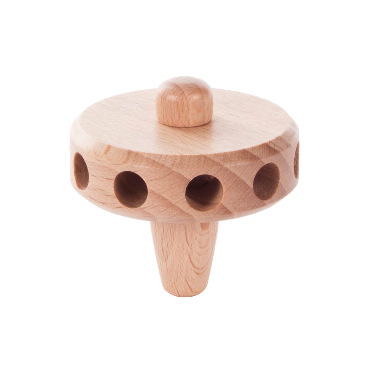 Ein massives Holzspielzeug mit 10 radialen Löchern, 40 cm Durchmesser und einem zentralen runden Griff. Die Bohrung in der Mitte misst 2 mm.