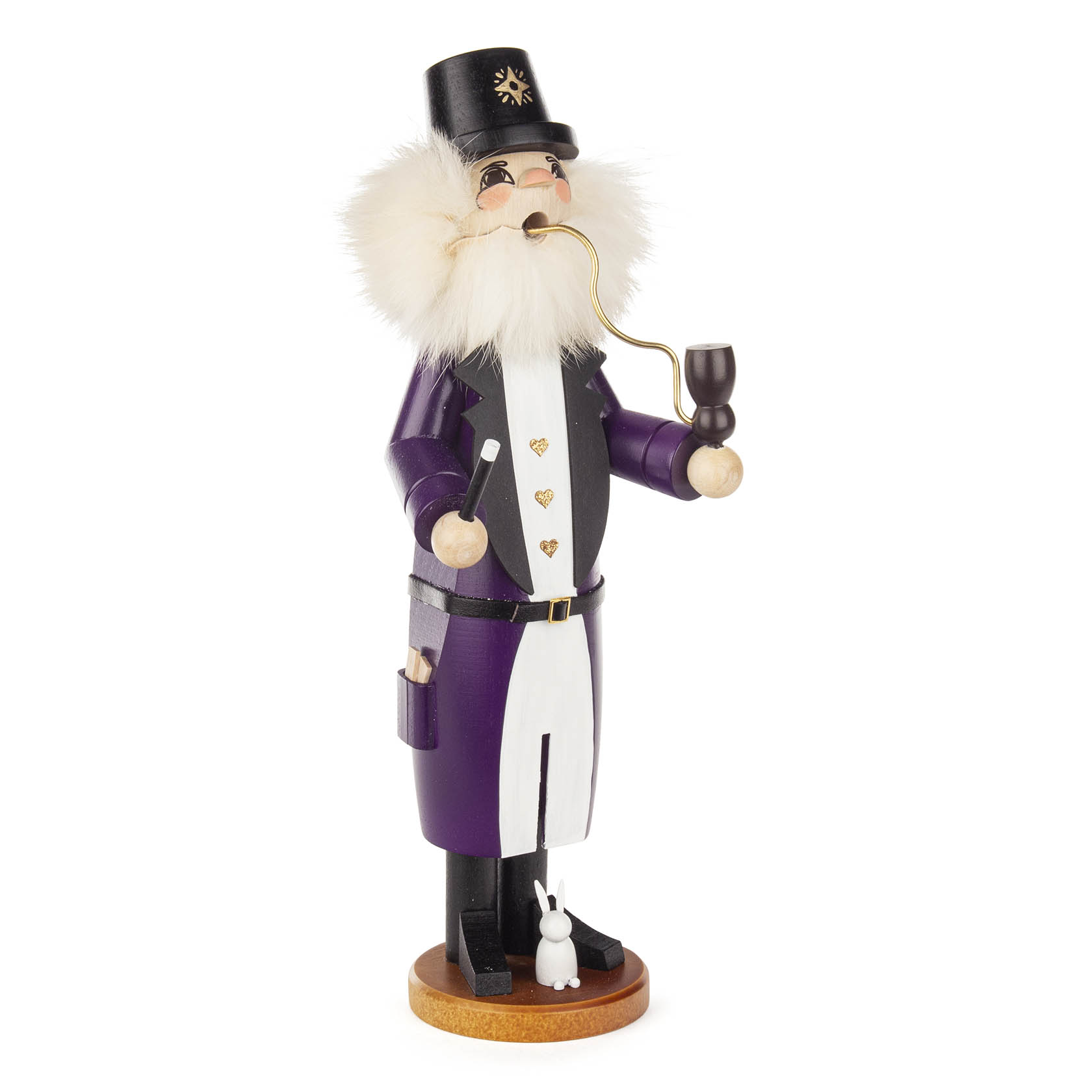 A wooden incense smoker figure shaped like a wizard, wearing a purple robe, black hat, holding a pipe, with a bushy white beard, and a rabbit at the base.