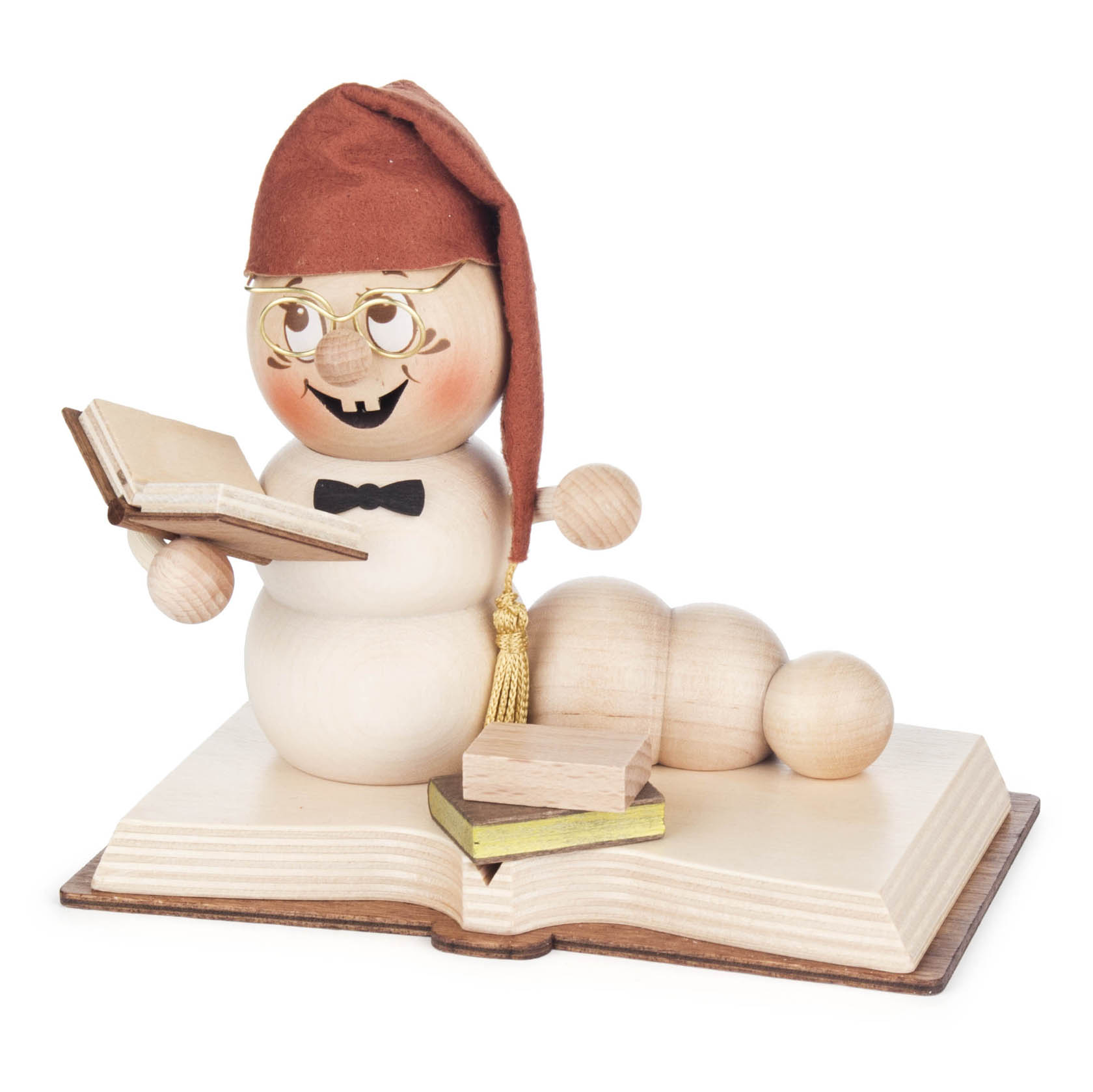 Holz-Räucherfigur in Form eines Wurms, bekannt als 'Bücher-Rudi', mit roter Mütze, Brille, und Fliege, aufgeschlagenes Buch und Bücher um sich. im Dregeno Online Shop günstig kaufen