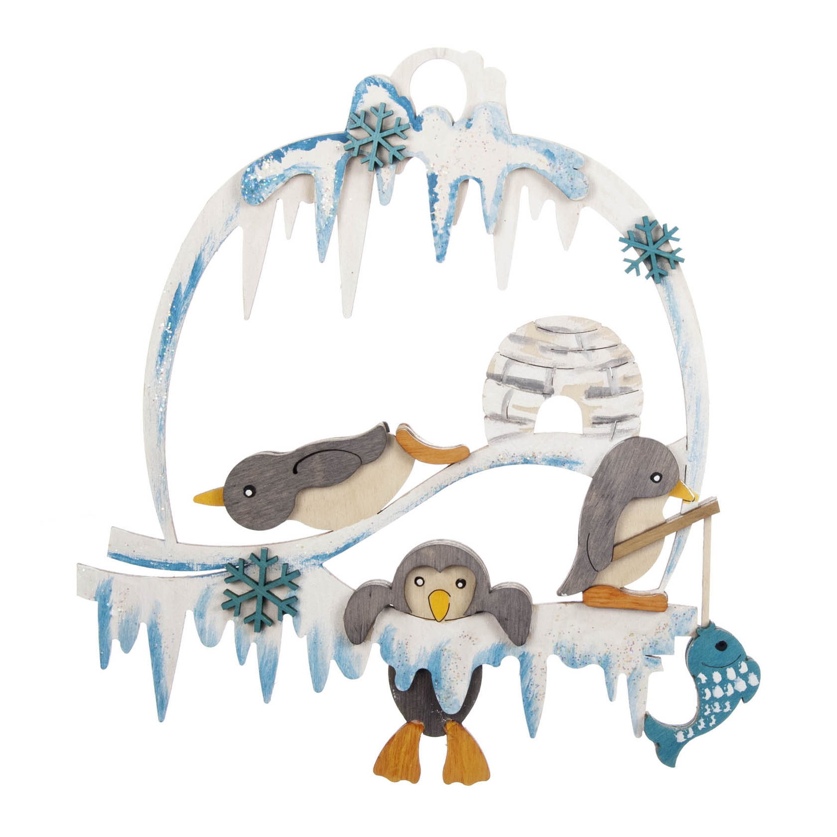 Bastelset Fensterbild zeigt zwei Pinguine auf einer vereisten Fläche. Einer fischt, der andere rutscht, mit einem Iglu und Eiszapfen dekoriert. im Dregeno Online Shop günstig kaufen