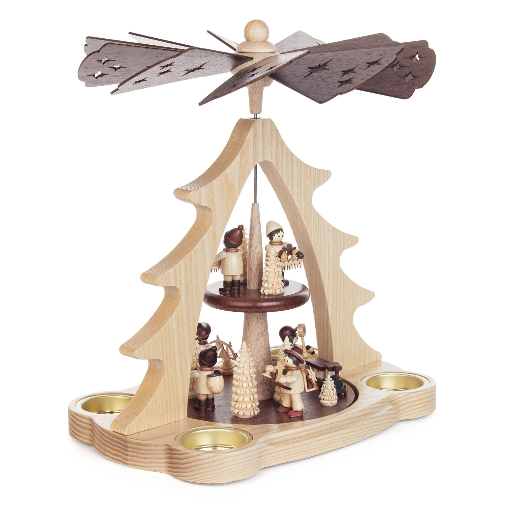 Wooden Christmas pyramid with rotating platform featuring carved children playing musical instruments and holding Christmas trees, under a star-adorned rotor.
