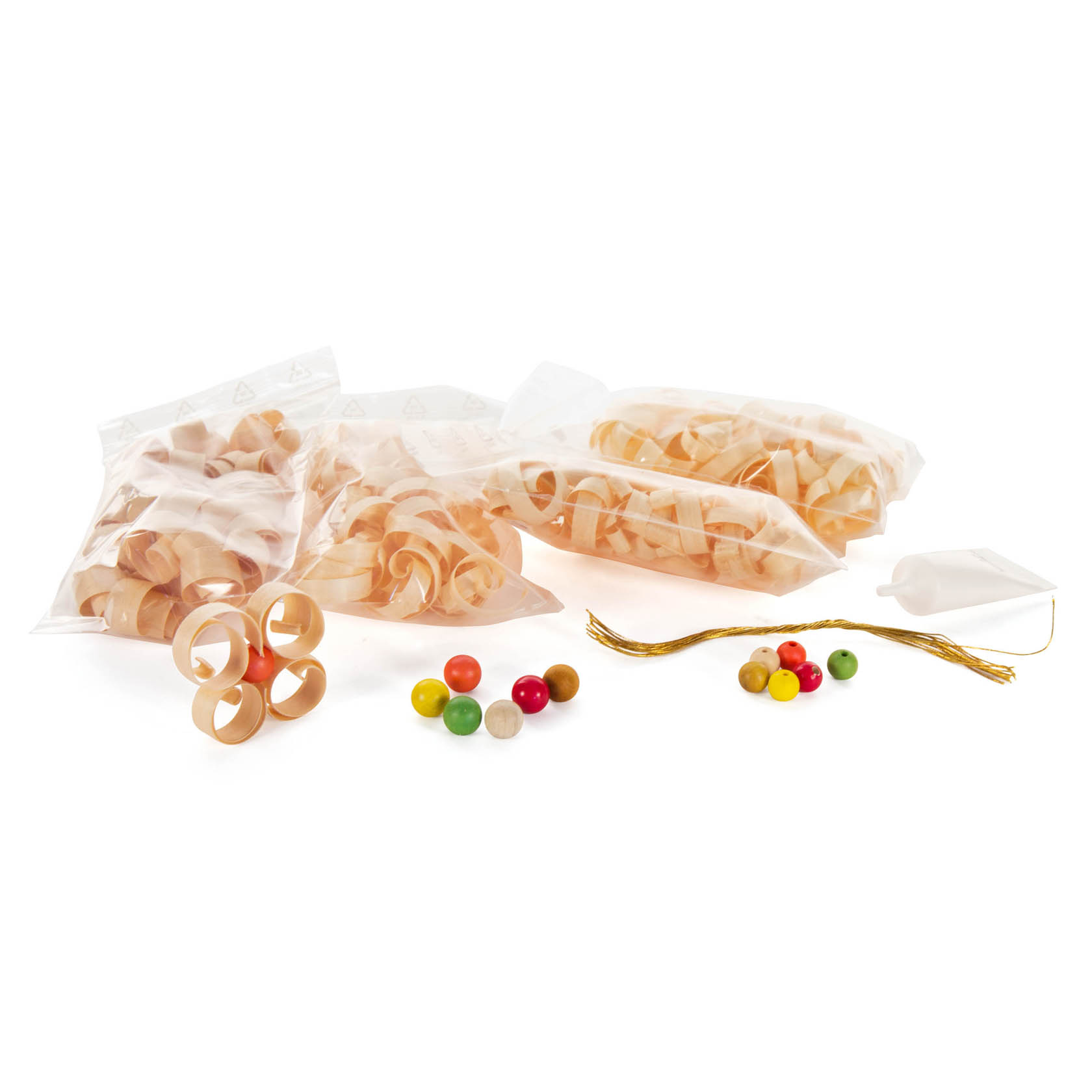 Bastelset mit Holzspänen, goldener Schnur und bunten Holzperlen. im Dregeno Online Shop günstig kaufen