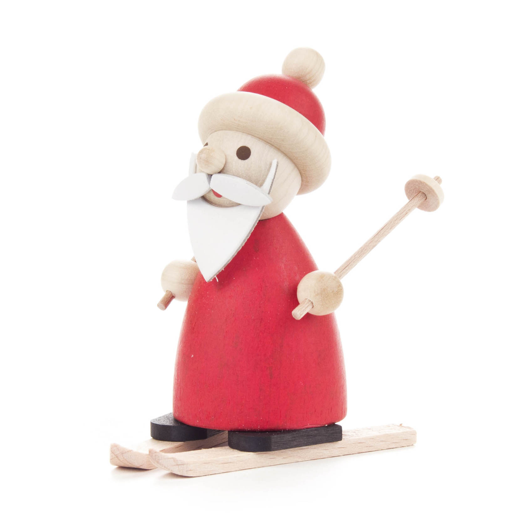 Wooden figurine of Ruprecht wearing a red outfit and hat, holding ski poles, and standing on skis. im Dregeno Online Shop günstig kaufen