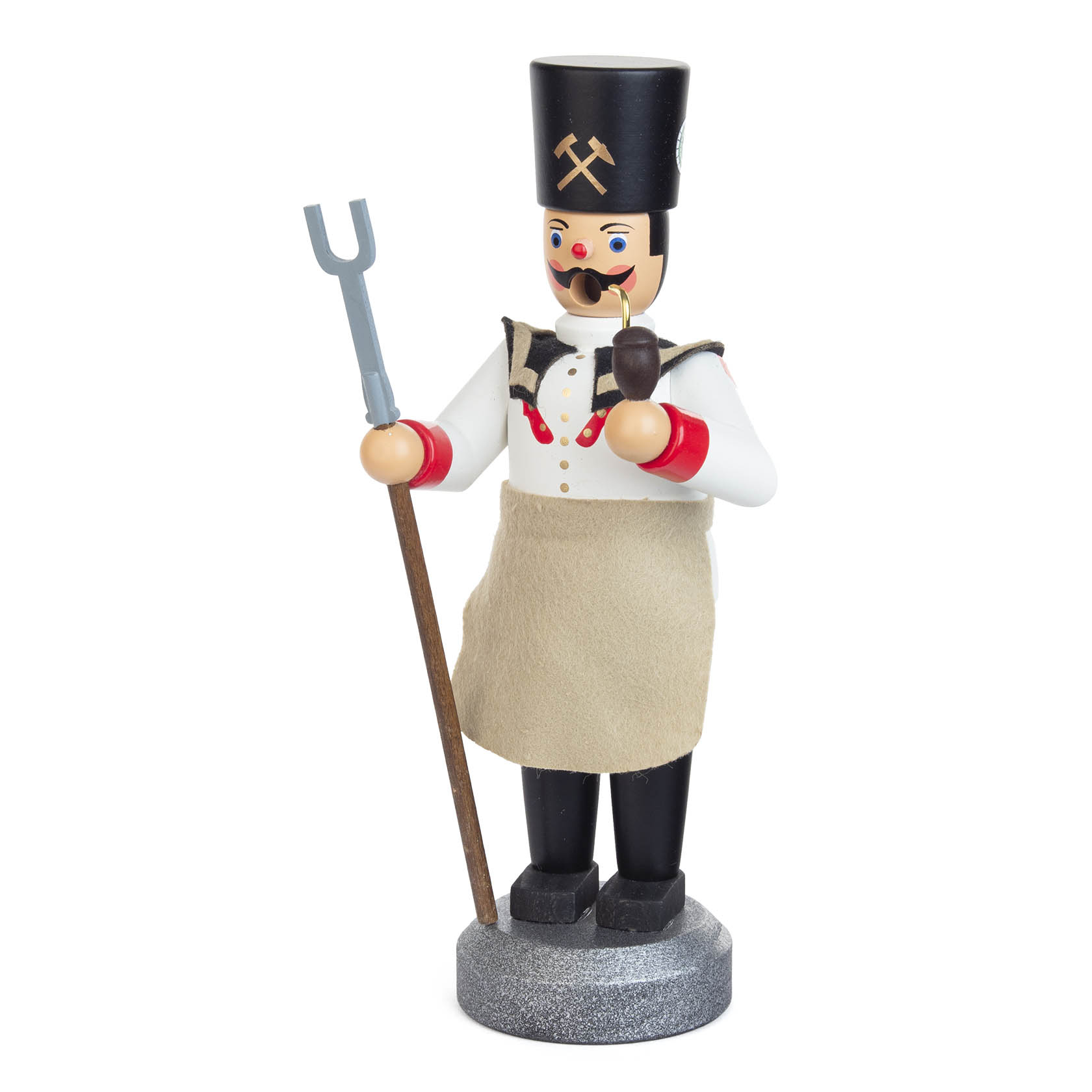 A handcrafted wooden smoker figure of a miner, known as 'Räuchermann', wearing traditional mining attire and holding a pipe and a staff.