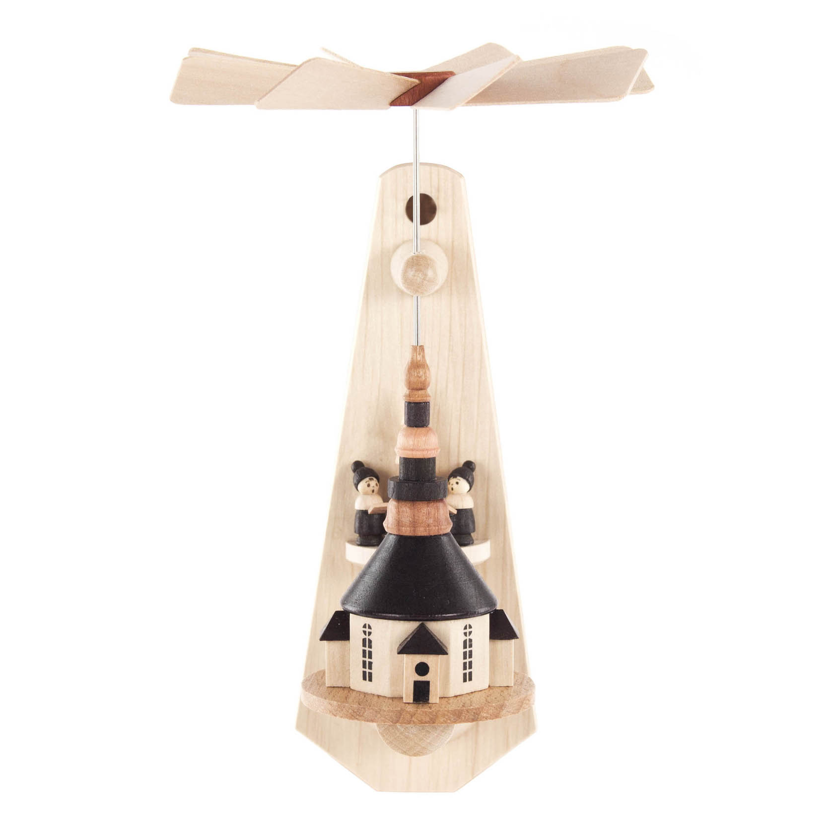 Wandwärmespiel mit einer Miniatur der Seiffener Kirche und zwei Kurrende-Sängern, die an einem dekorativen Holzaufbau, der sich durch Wärme dreht, aufgehängt ist. im Dregeno Online Shop günstig kaufen