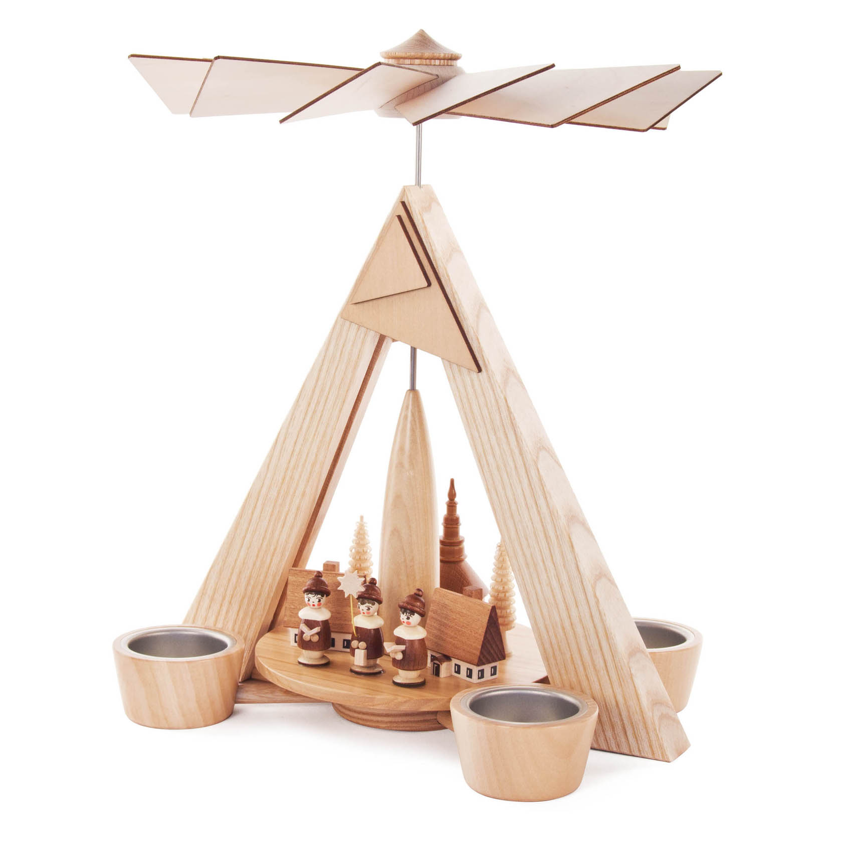Holzpyramide mit Seiffener Dorf, Kurrende-Sängern und Teelichtaufnahmen, drehbare Flügel an der Spitze
