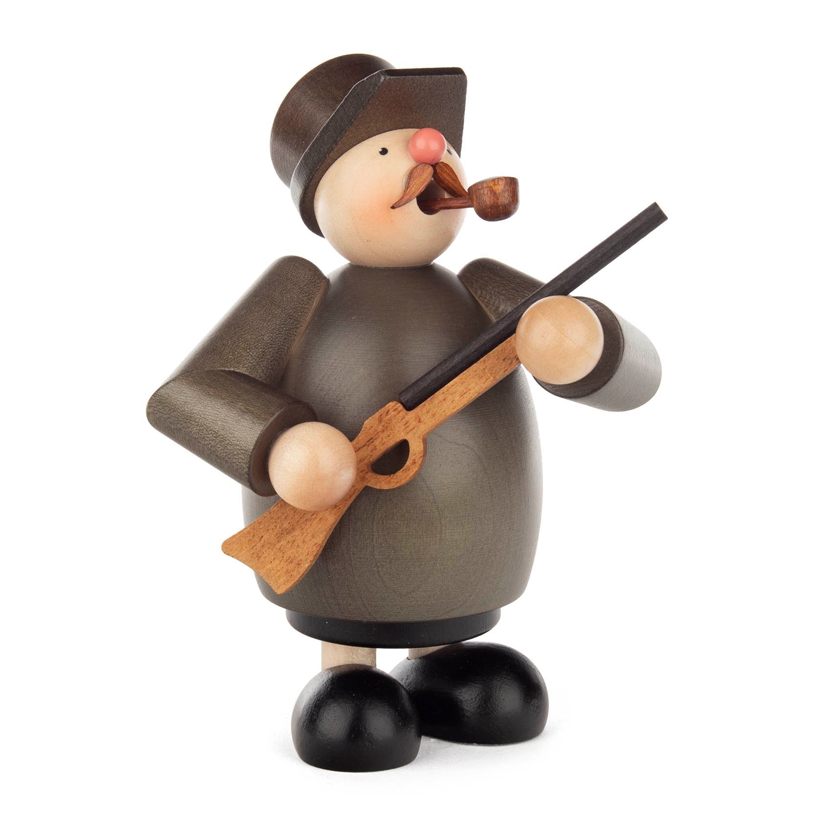 Wooden incense smoker in the shape of a hunter with a pipe and rifle, wearing a hat and brown attire. im Dregeno Online Shop günstig kaufen