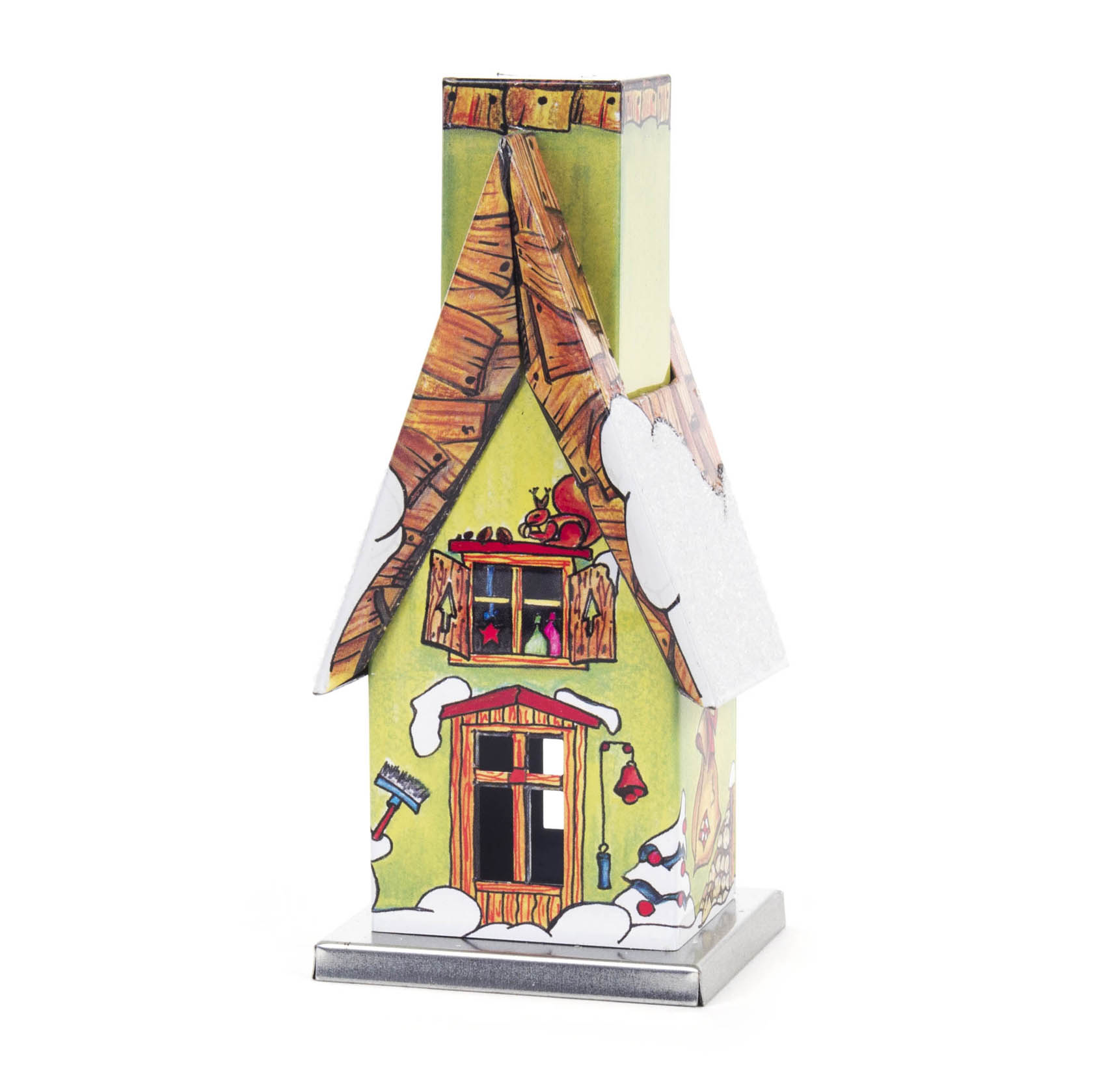 Metallräucherhaus in Form einer weihnachtlichen Waldhütte, bemalt mit winterlichen Motiven und einem Schornstein, aus dem Rauch austritt.