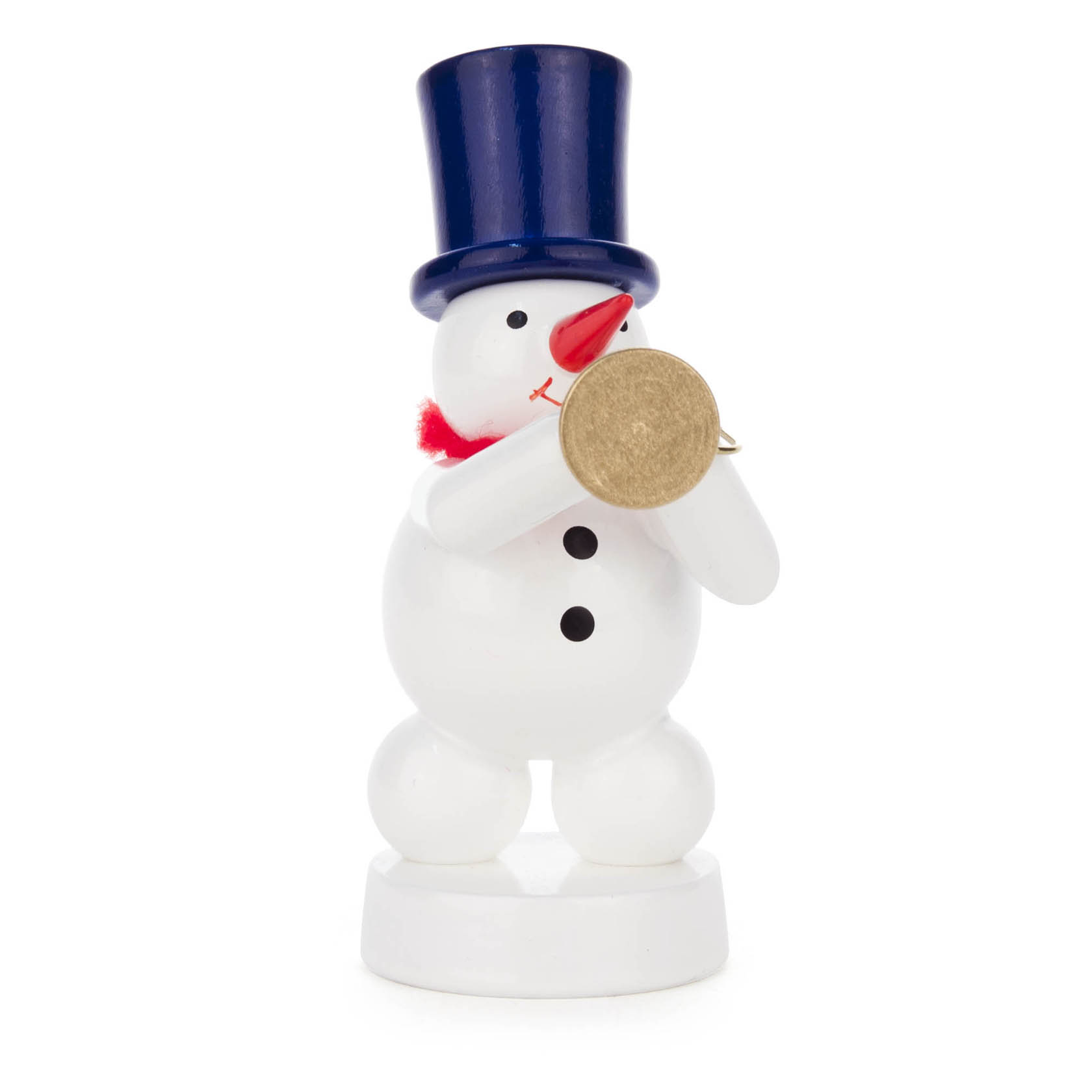 Ein weißer Schneemann mit einem blauen Zylinder, rotem Schal und oranger Nase, spielt eine goldene Trompete. im Dregeno Online Shop günstig kaufen