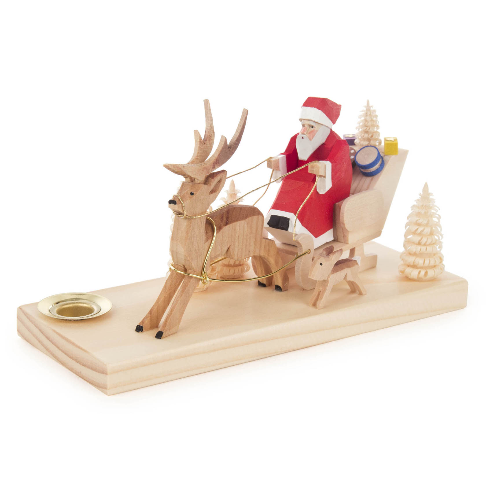Weihnachtsmann im Hirschschlitten mit Hase, geschnitzt, für Kerze d=14m