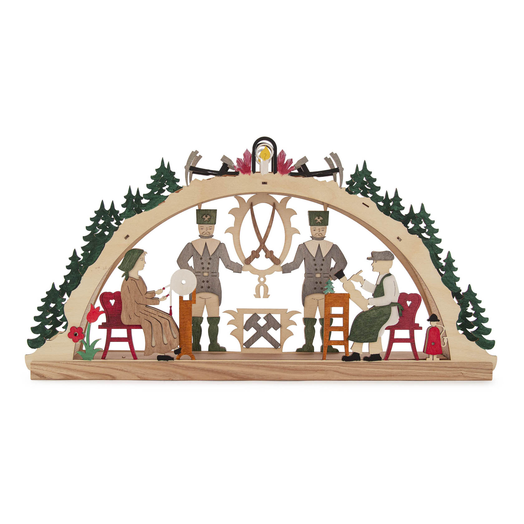 Holz-Schwibbogen-Bastelset mit LED-Band, typisch für das Erzgebirge, zeigt traditionelle Figuren, z.B. Bergmänner und Bäume, die den Bogen verzieren. im Dregeno Online Shop günstig kaufen