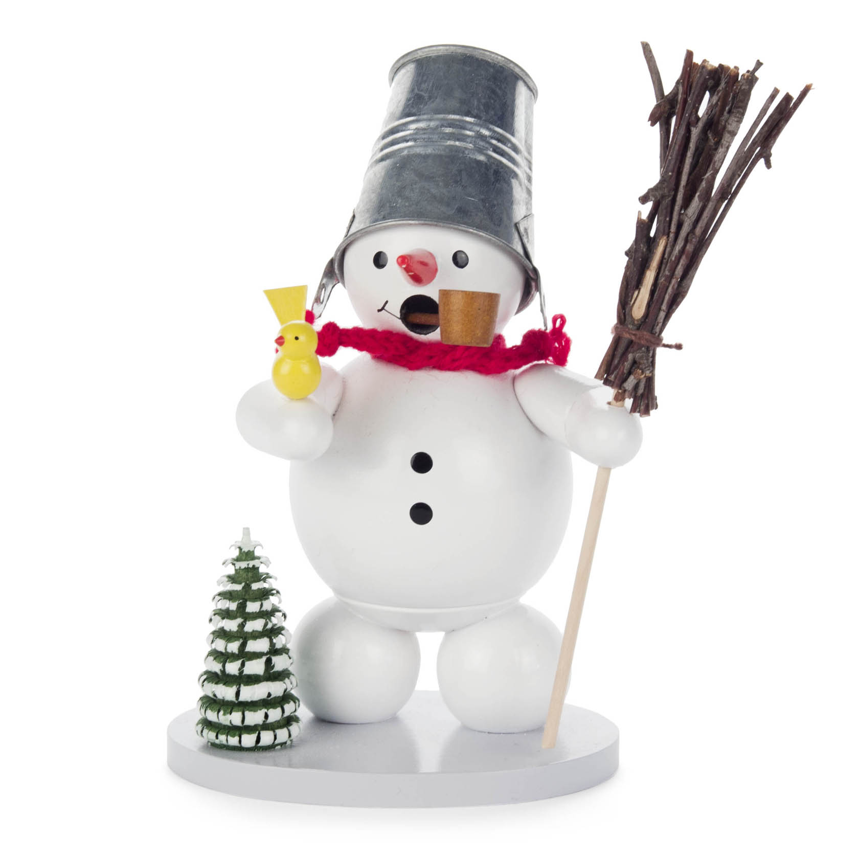 Räuchermann Schneemann mit Eimerhut, Baum und Vogel