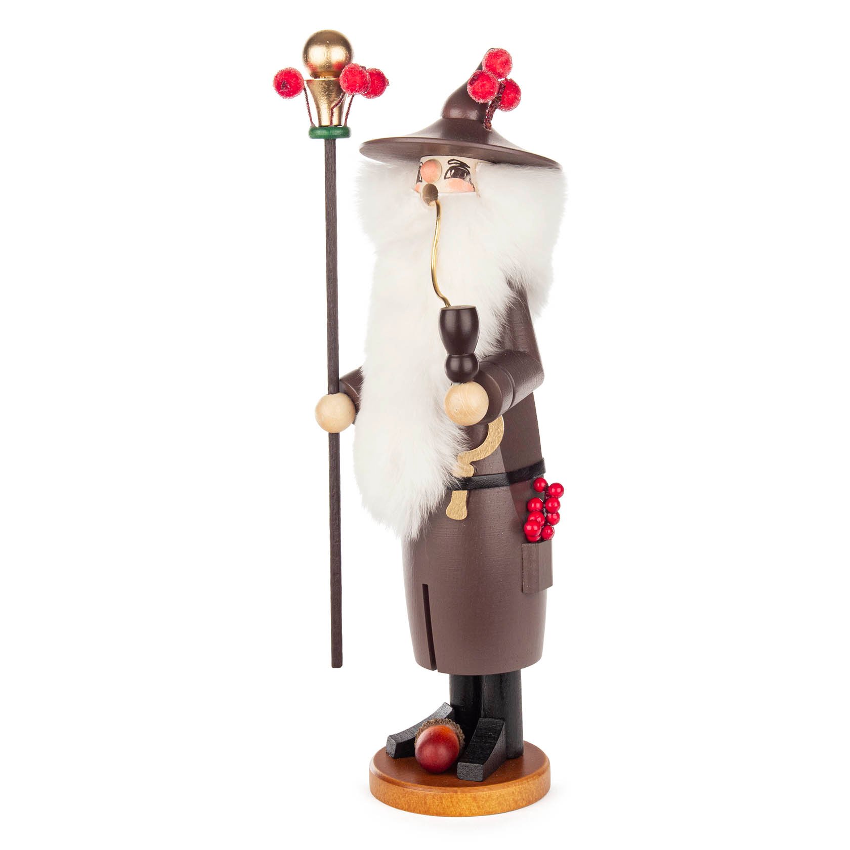 A wooden incense smoker figurine of a druid, featuring a wide-brimmed hat, long white beard, brown robe, and a staff with red and gold decorations.