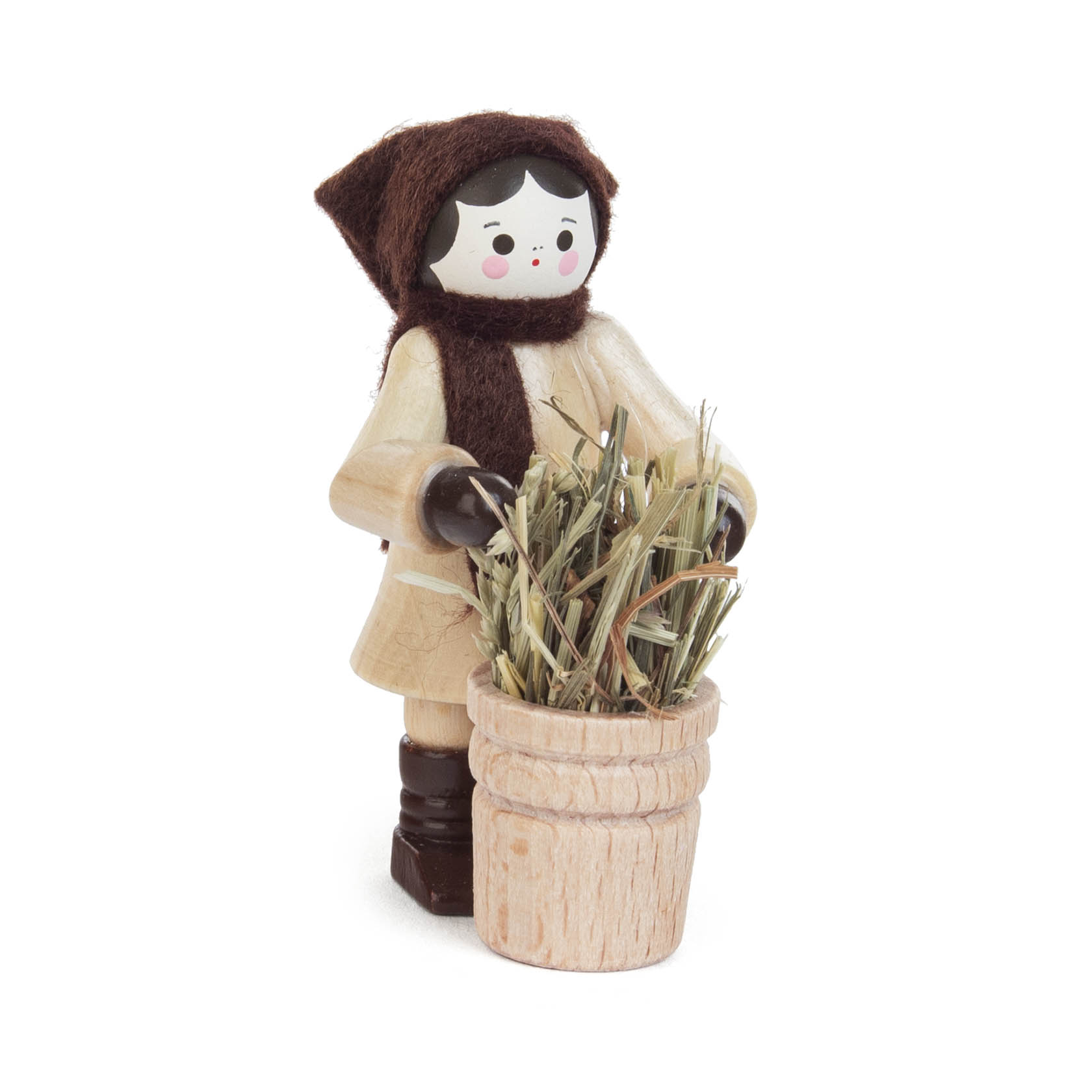 Holzfigur einer Frau in braunem Umhang und Kopftuch, die einen Korb mit Heu hält. im Dregeno Online Shop günstig kaufen