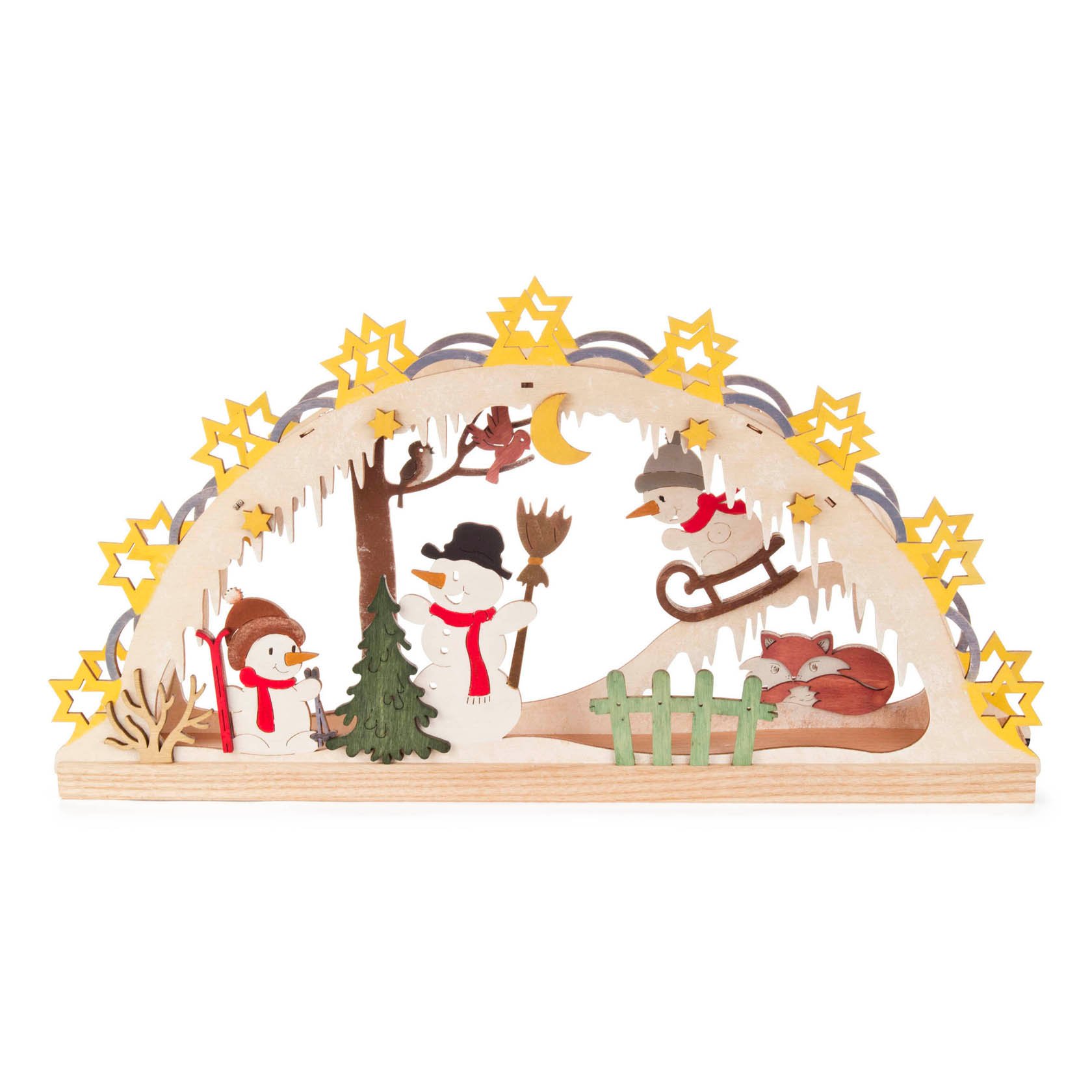 A wooden Christmas scene featuring snowmen, a sledding child, and sleeping foxes under an arch of illuminated stars. im Dregeno Online Shop günstig kaufen