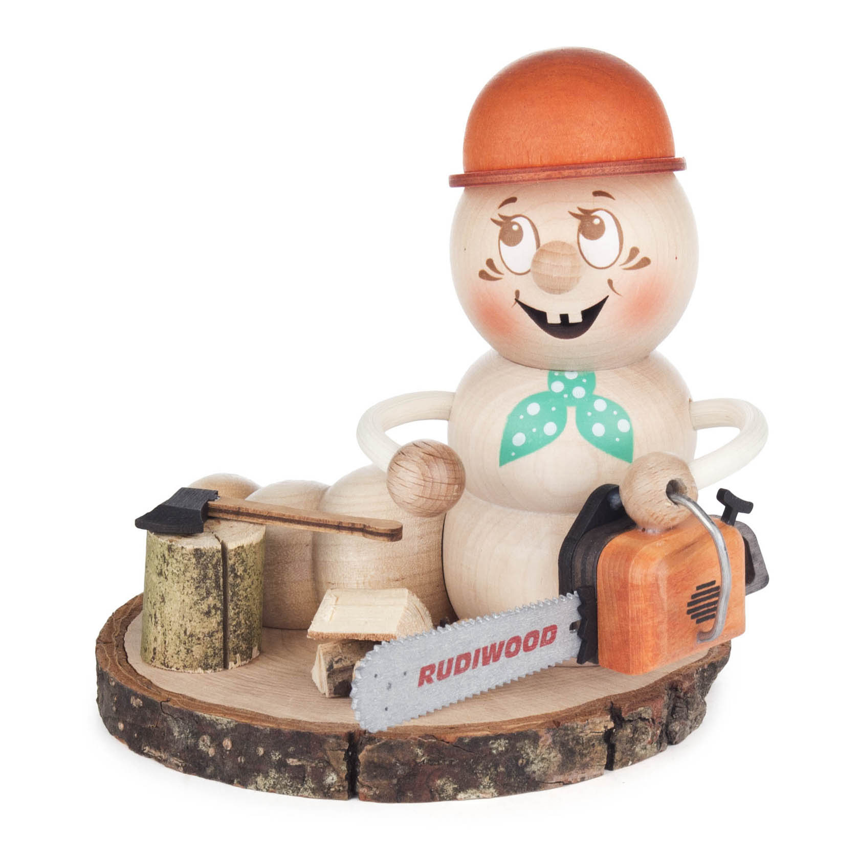 Holzwurm-Rudi ist eine handgefertigte Räucherfigur, die wie ein fröhlicher Holzwurm mit orangefarbenem Helm und Kettensäge gestaltet ist. im Dregeno Online Shop günstig kaufen