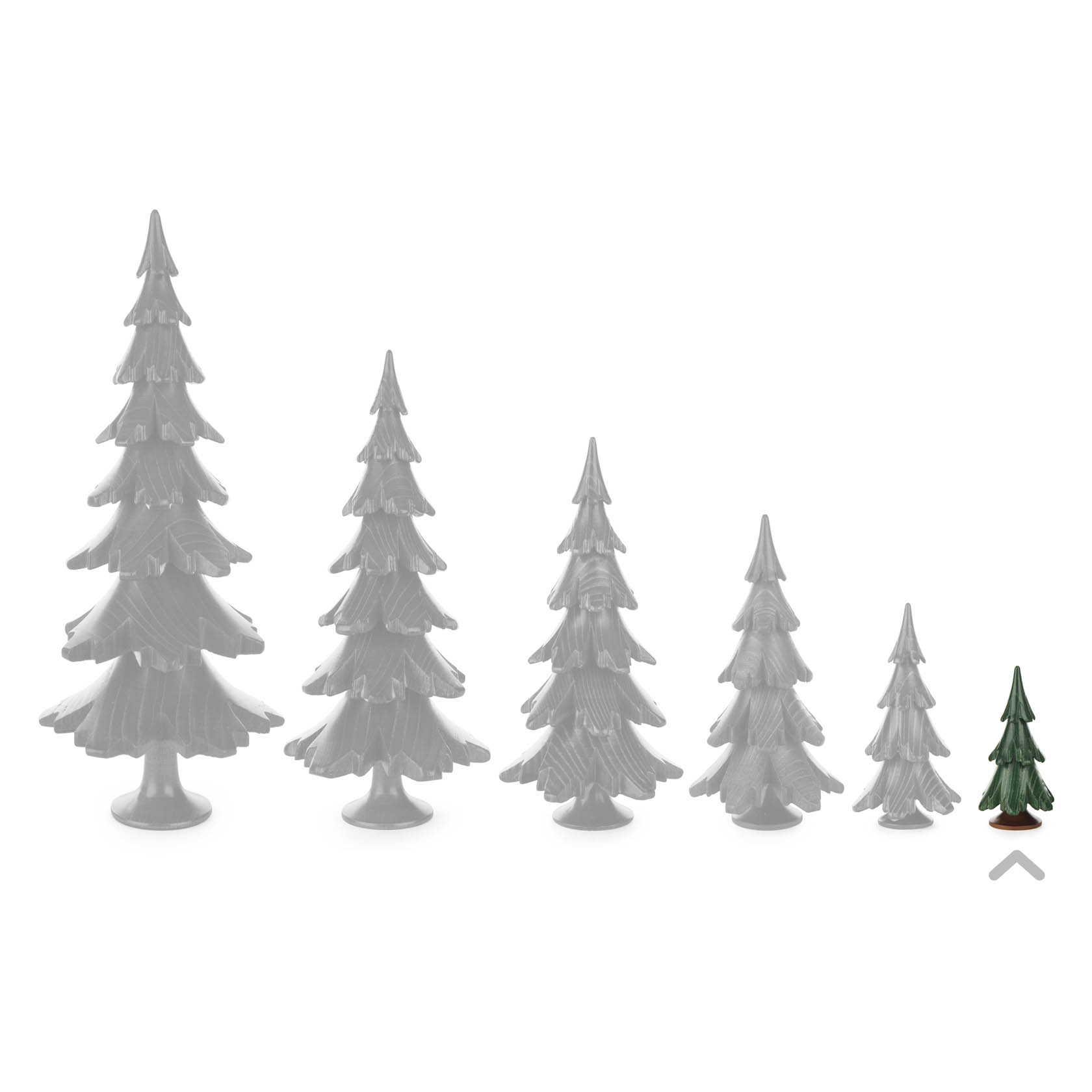 Five model conifer trees with the first four in a translucent gray and the smallest one in a green finish, standing on brown bases.