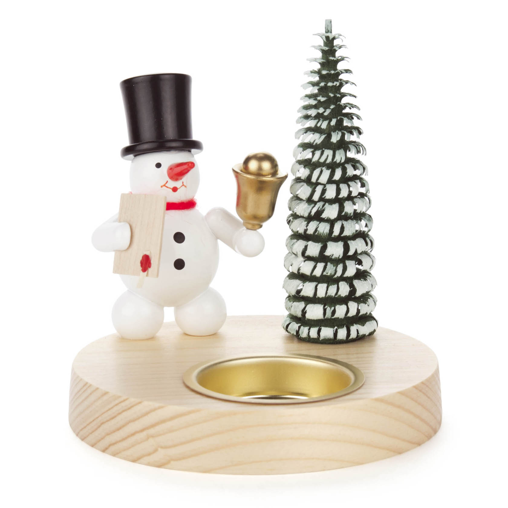 Teelichthalter mit einem Schneemann, der einen Zylinder trägt, eine Glocke hält und neben einem schneebedeckten Tannenbaum steht. im Dregeno Online Shop günstig kaufen