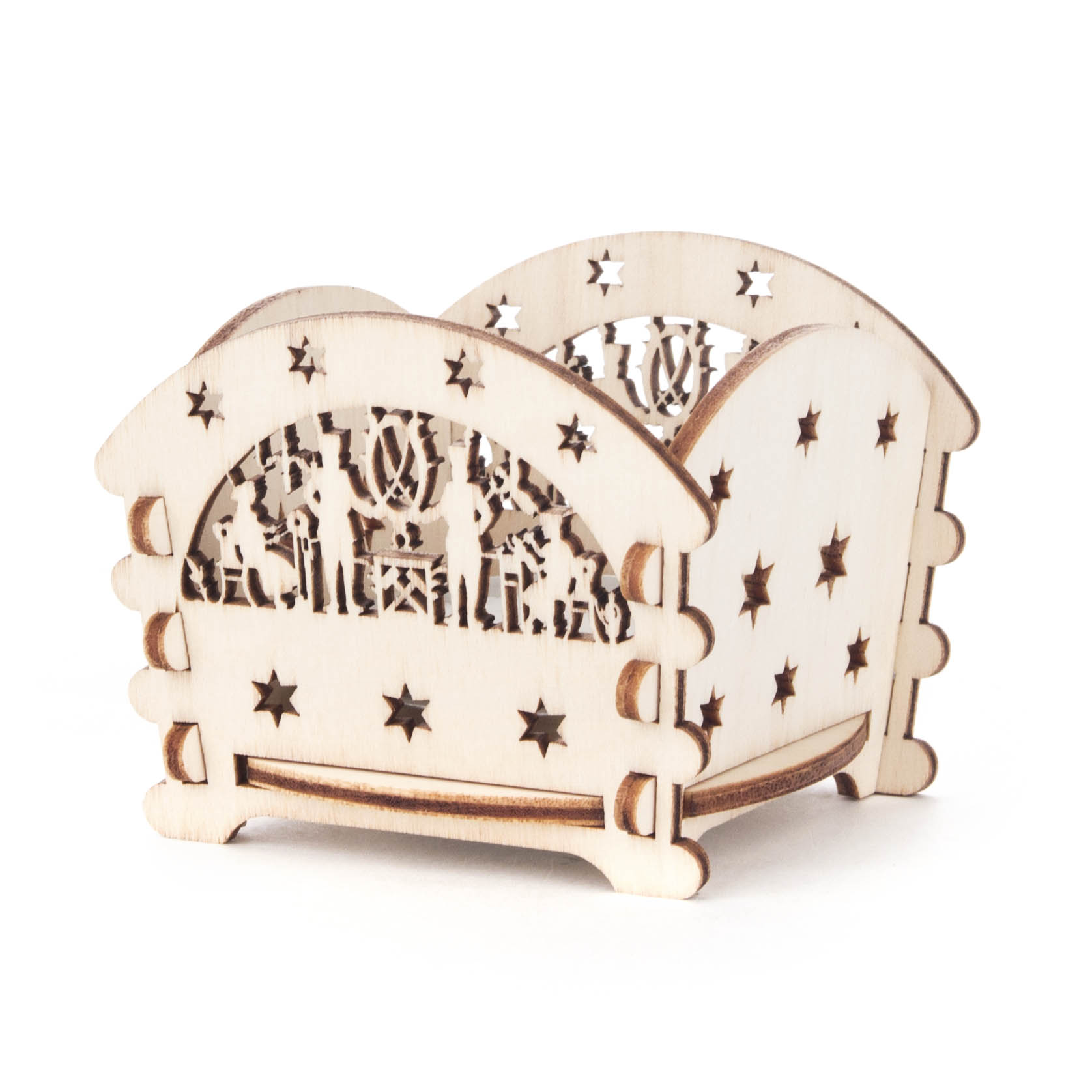 Lasergravierter Teelichthalter aus Holz in Form eines Bergwerks, verziert mit Bergleuten und Sternenmotiven. im Dregeno Online Shop günstig kaufen