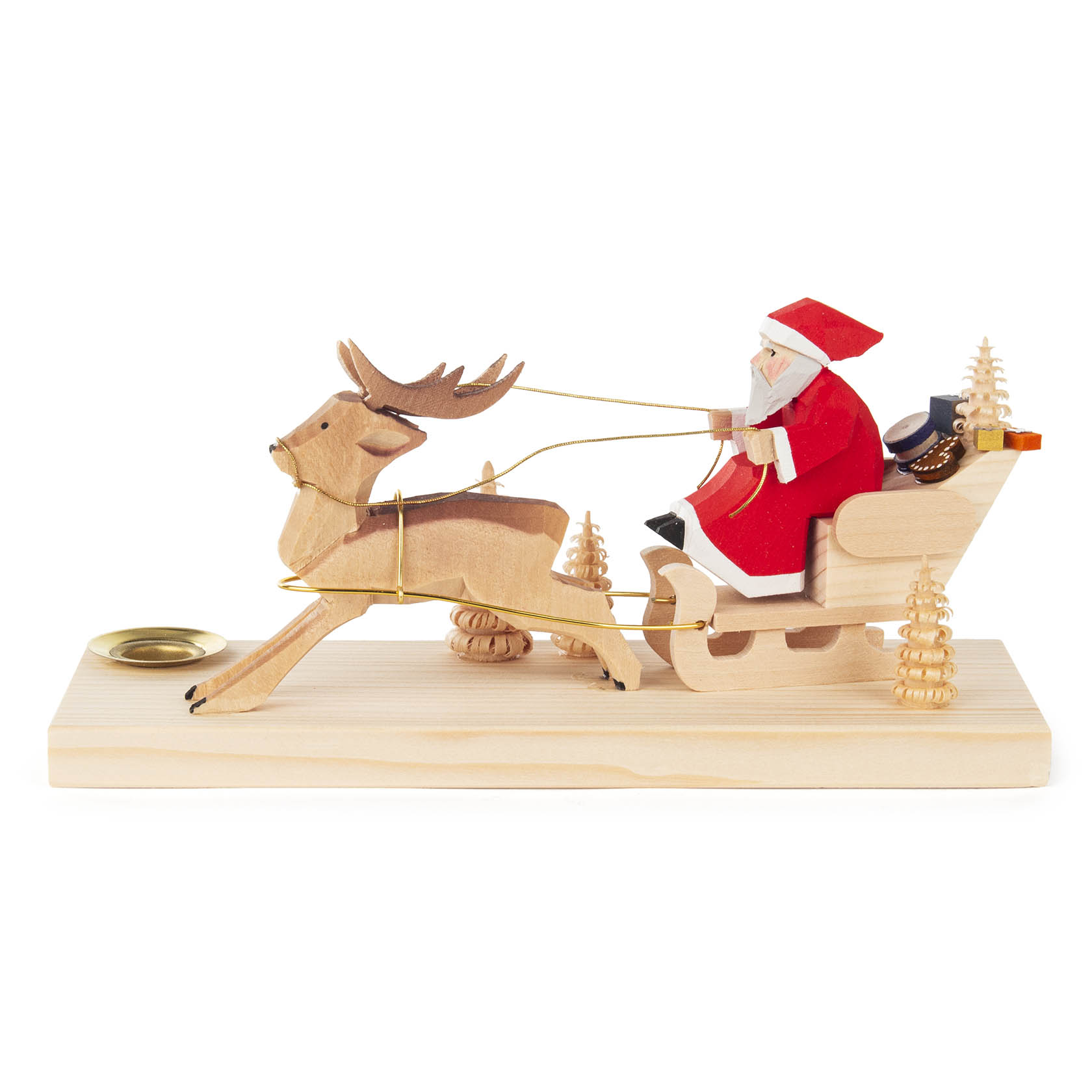 Weihnachtsmann im Hirschschlitten mit Hase, geschnitzt, für Kerze d=14m