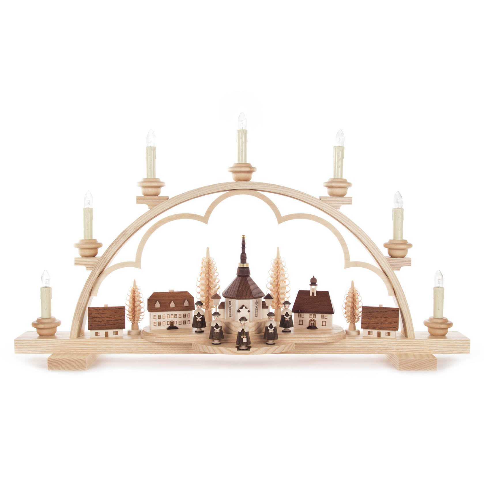 Schwibbogen mit Seiffener Dorf und Kurrende, elektrisch beleuchtet im Dregeno Online Shop günstig kaufen