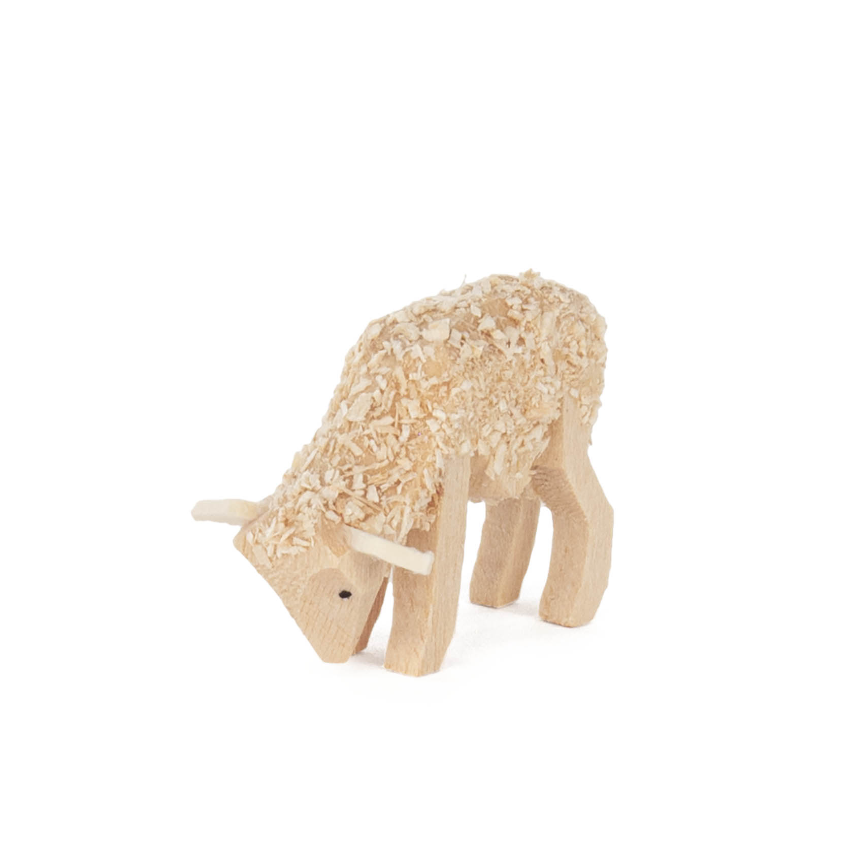 A small wooden sheep statue with a back height of 2 cm, depicted in a feeding position with its head down. im Dregeno Online Shop günstig kaufen