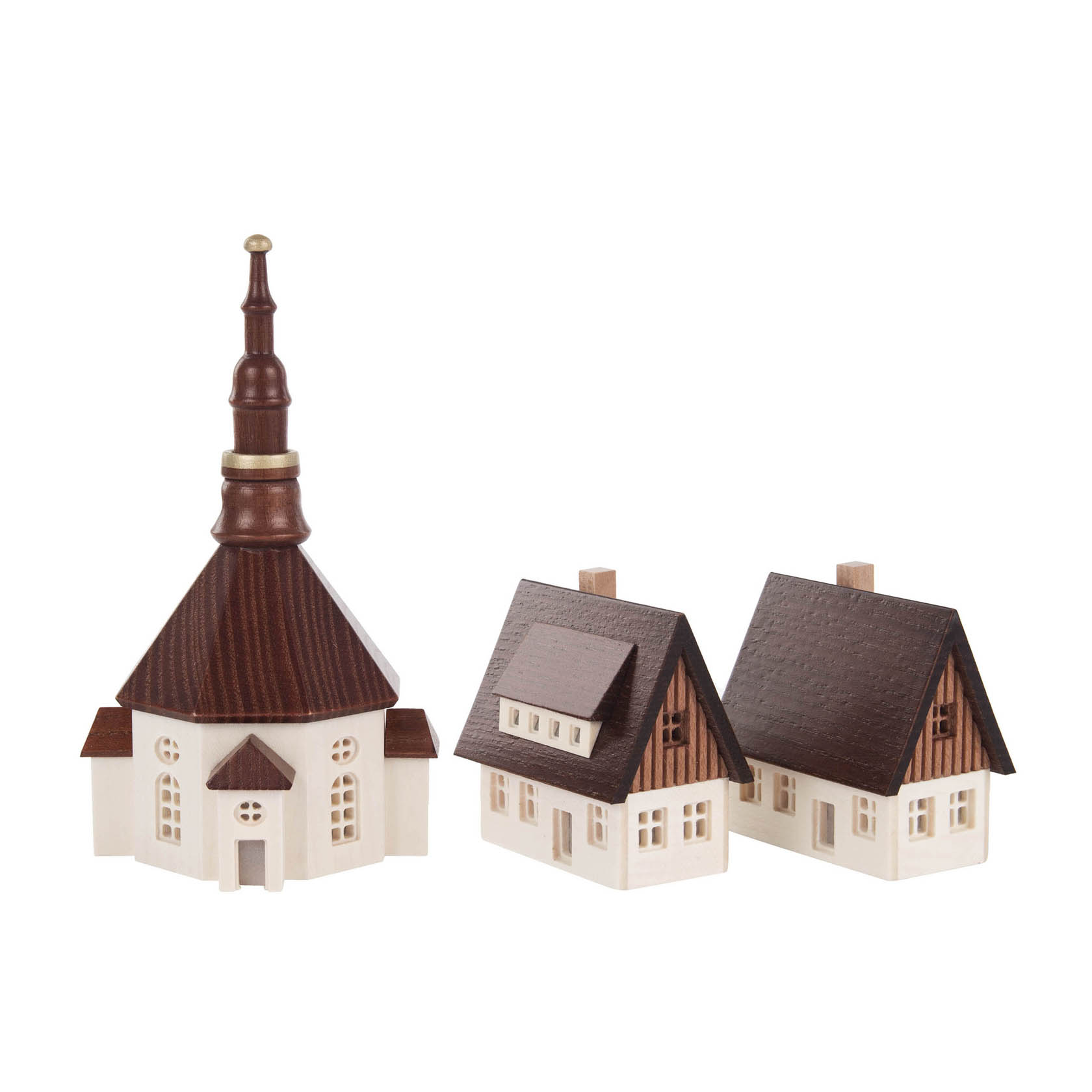 Seiffener Kirche und 2 Häuser mit ausgefrästen Fenstern, klein