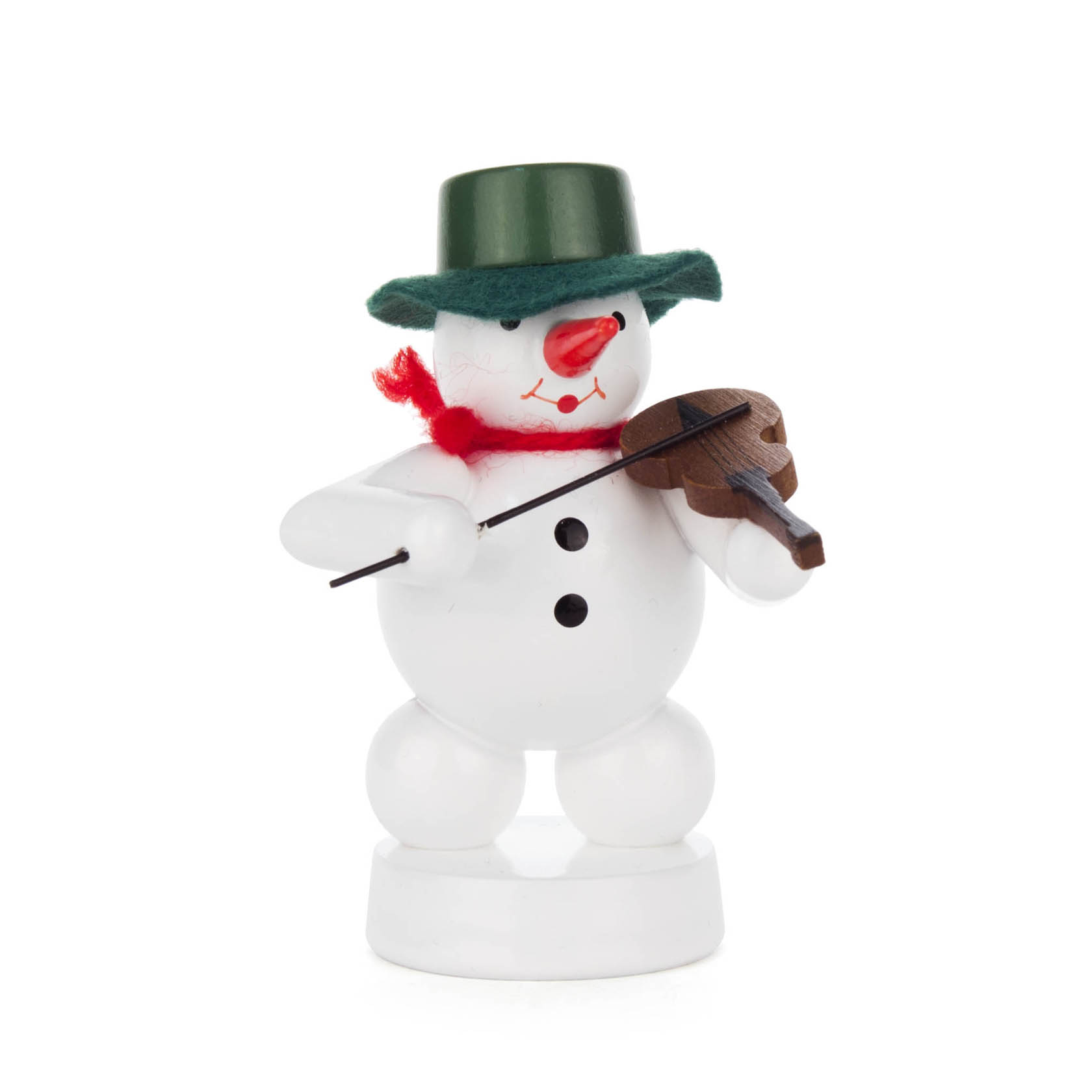 Wooden snowman figurine with a green hat, red scarf, playing a brown violin. im Dregeno Online Shop günstig kaufen