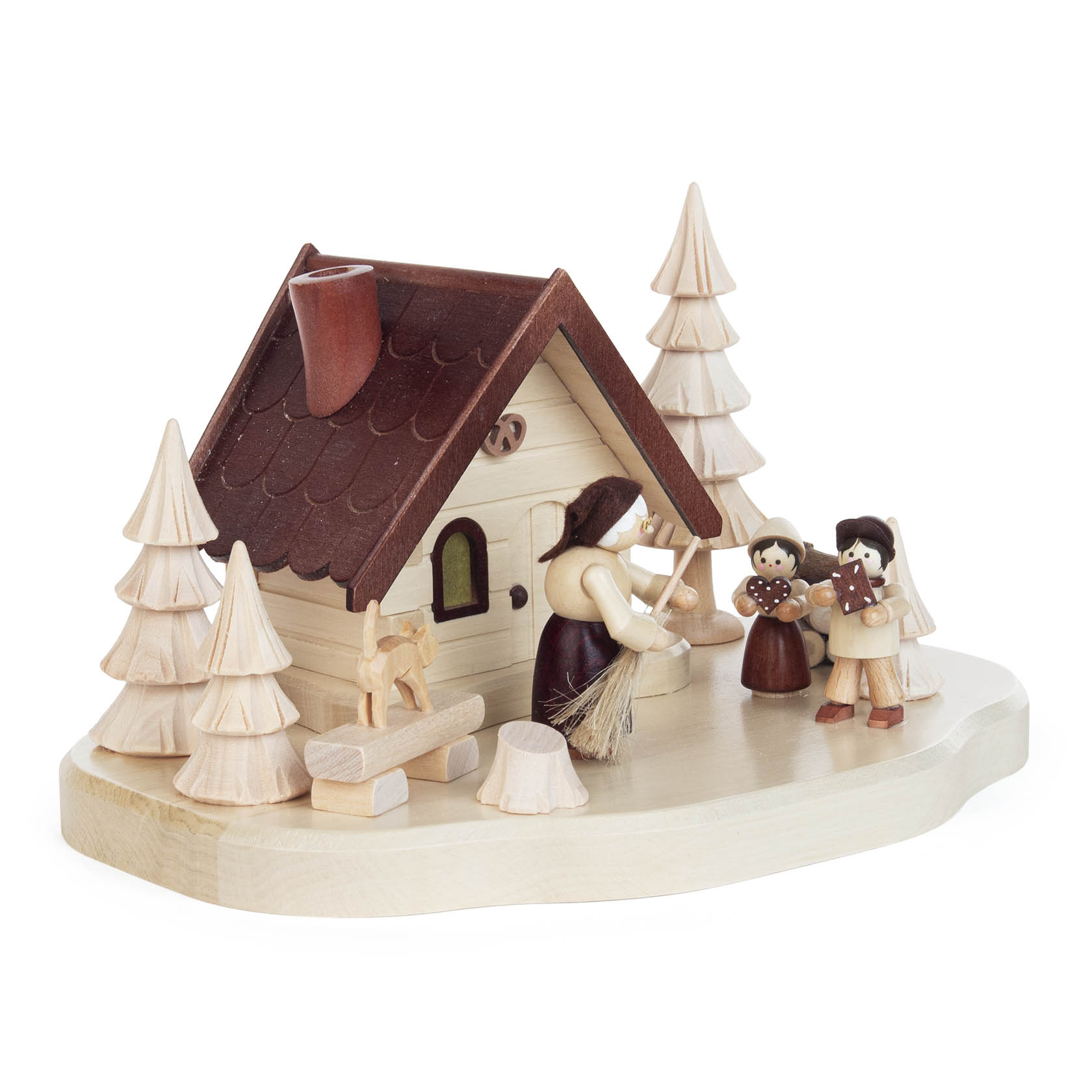A wooden incense smoker model depicting Hänsel and Gretel with the witch in front of a small house, surrounded by trees.