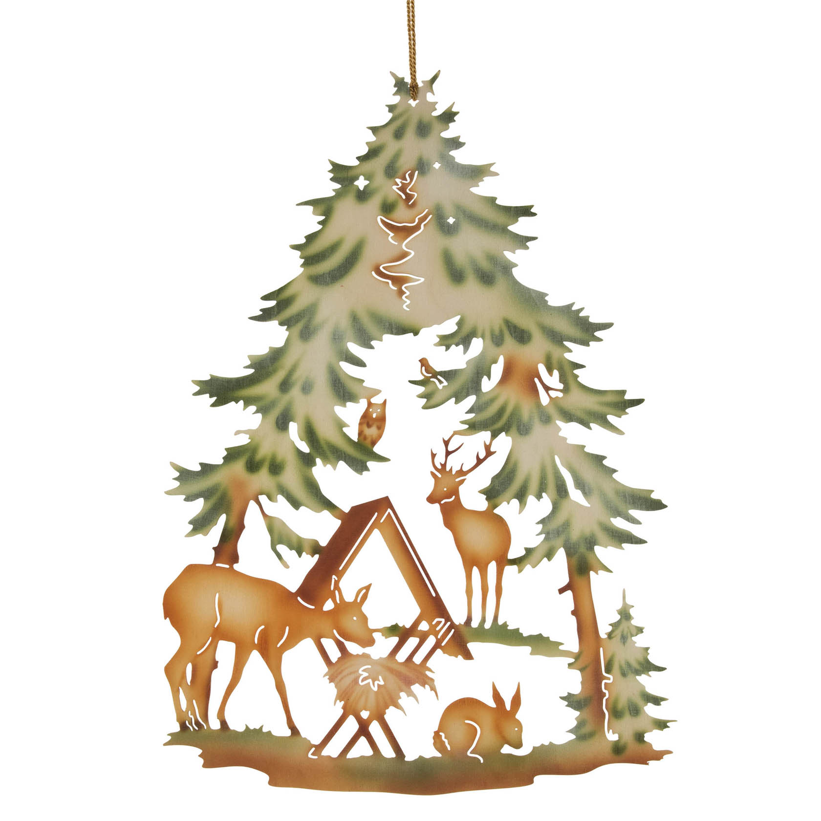 Dekoratives Fensterbild aus Holz zeigt eine Waldszene mit zwei Rehen, einem Hasen und einem Futterstand unter einem Tannenbaum.