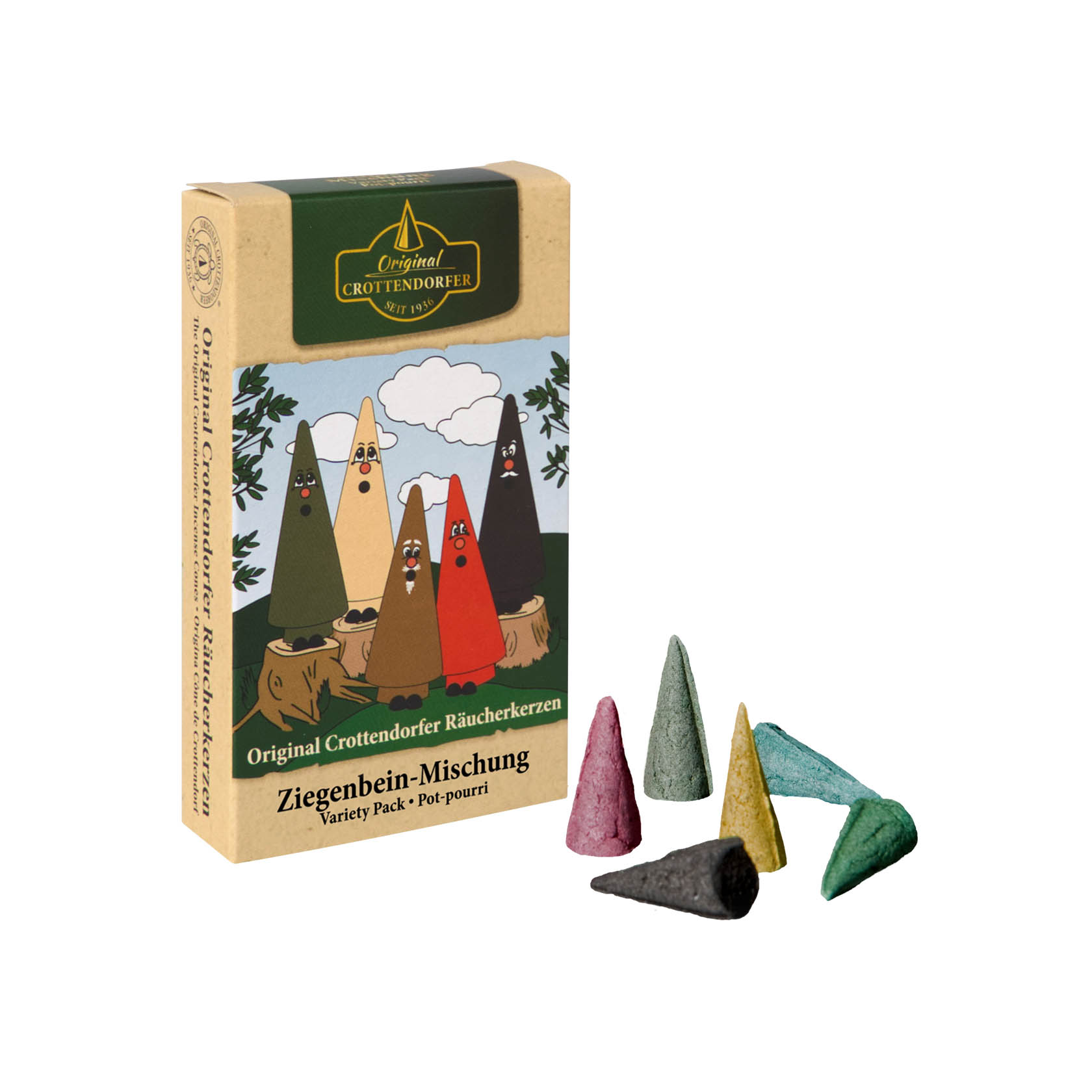 Eine Packung Crottendorfer Räucherkerzen mit der Aufschrift 'Original Crottendorfer Räucherkerzen Ziegenbein-Mischung'. Verschiedene farbige Räucherkerzen sind davor zu sehen. im Dregeno Online Shop günstig kaufen