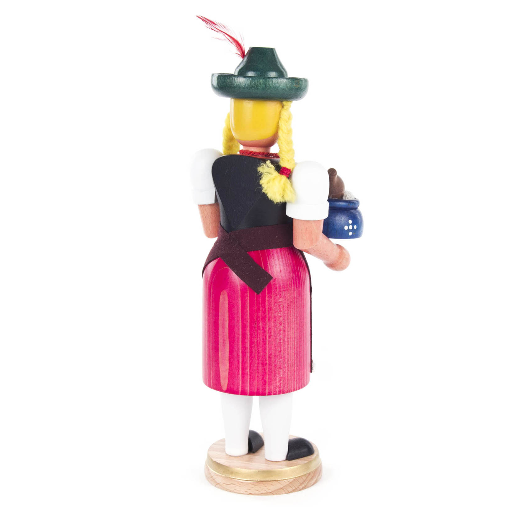 A wooden incense smoker figurine of a woman with blonde braids, wearing a green hat and red dress, holding a blue pot.