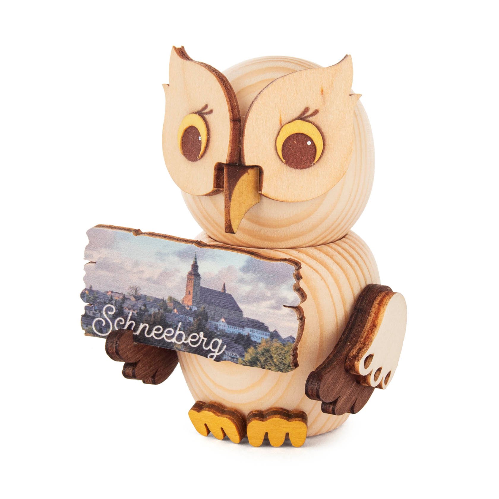 Mini-Eule mit Schild "Schneeberg"