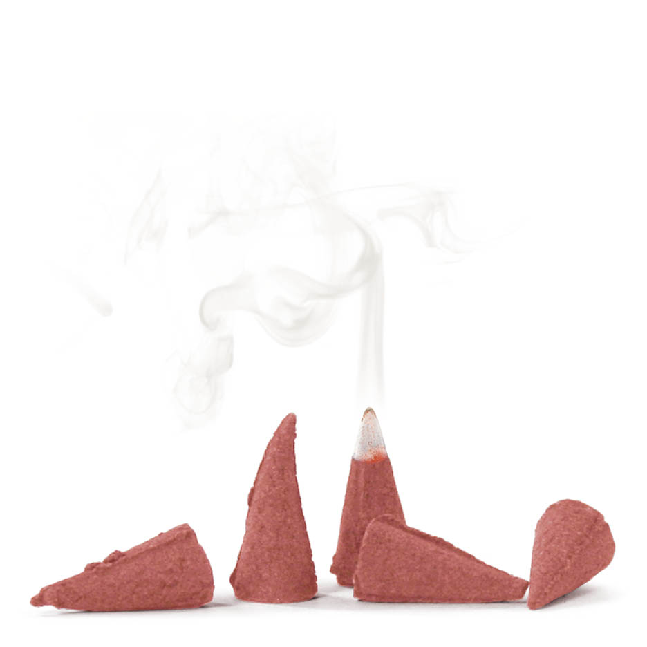Five reddish-brown incense cones, one burning with smoke rising, representing KNOX Winter Apple fragrance.