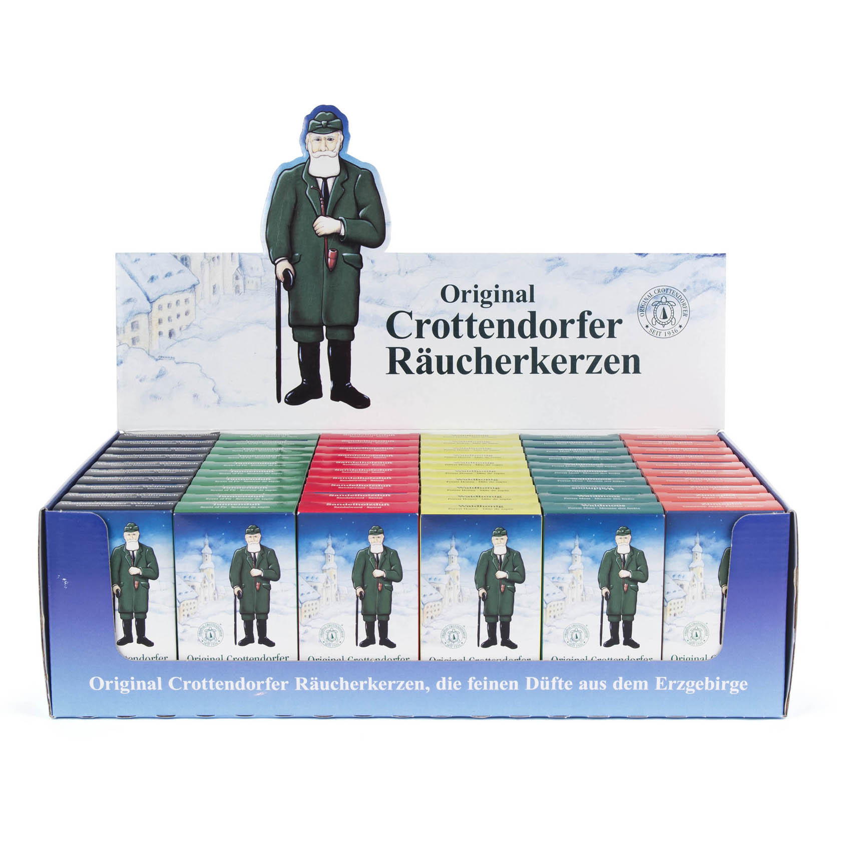 Ein Verkaufsdisplay mit 60 Schachteln Crottendorfer Räucherkerzen in verschiedenen Farben, jede Schachtel enthält 24 Stück. Ein stilisierter Mann ziert das Display.