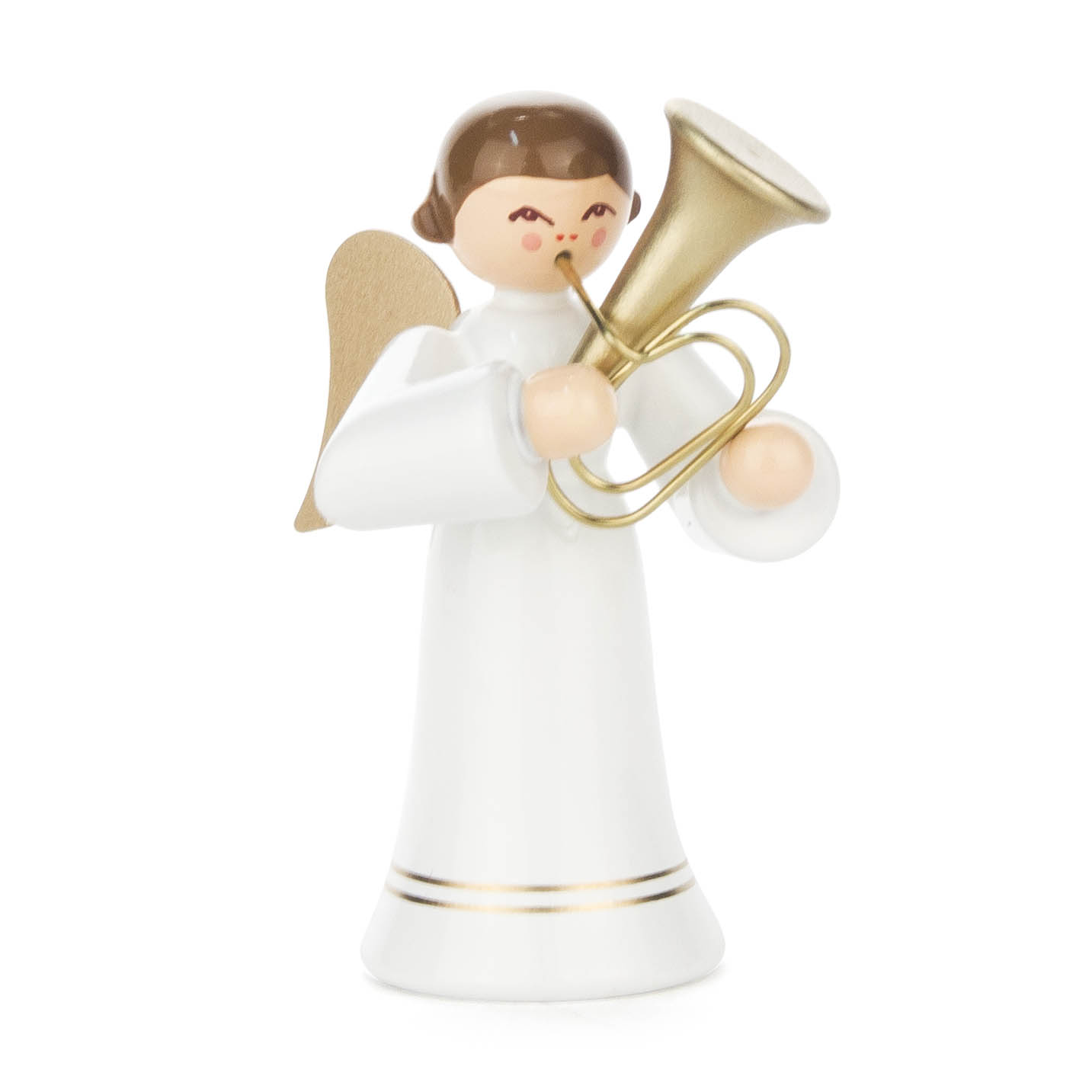 Engelfigur mit kurzen braunen Haaren, spielt ein goldenes Tenorhorn und trägt ein langes, weißes Gewand mit goldenen Details. im Dregeno Online Shop günstig kaufen