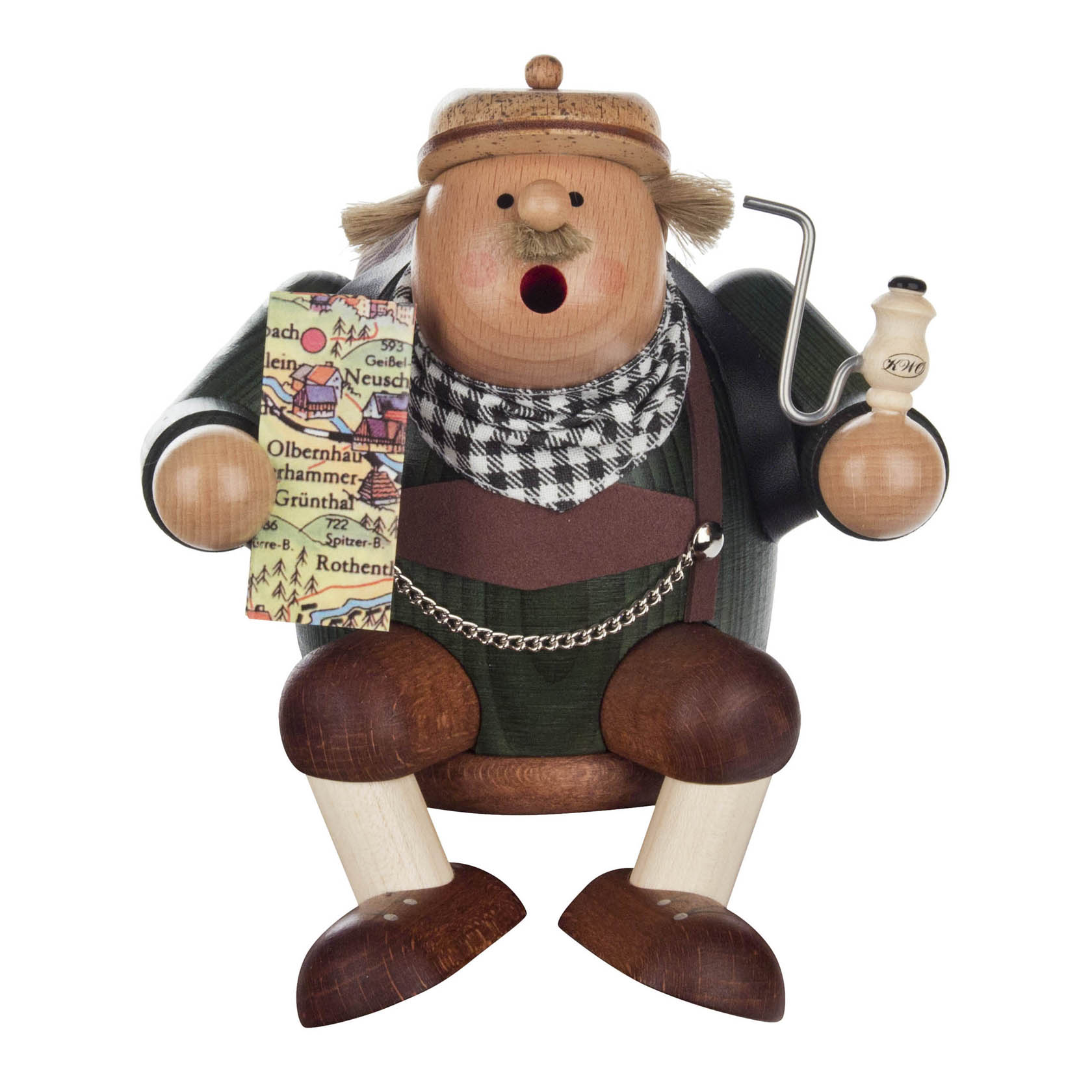 A 14cm tall wooden smoker figure shaped like a seated tourist, wearing a hat and scarf, holding a pipe and a map.