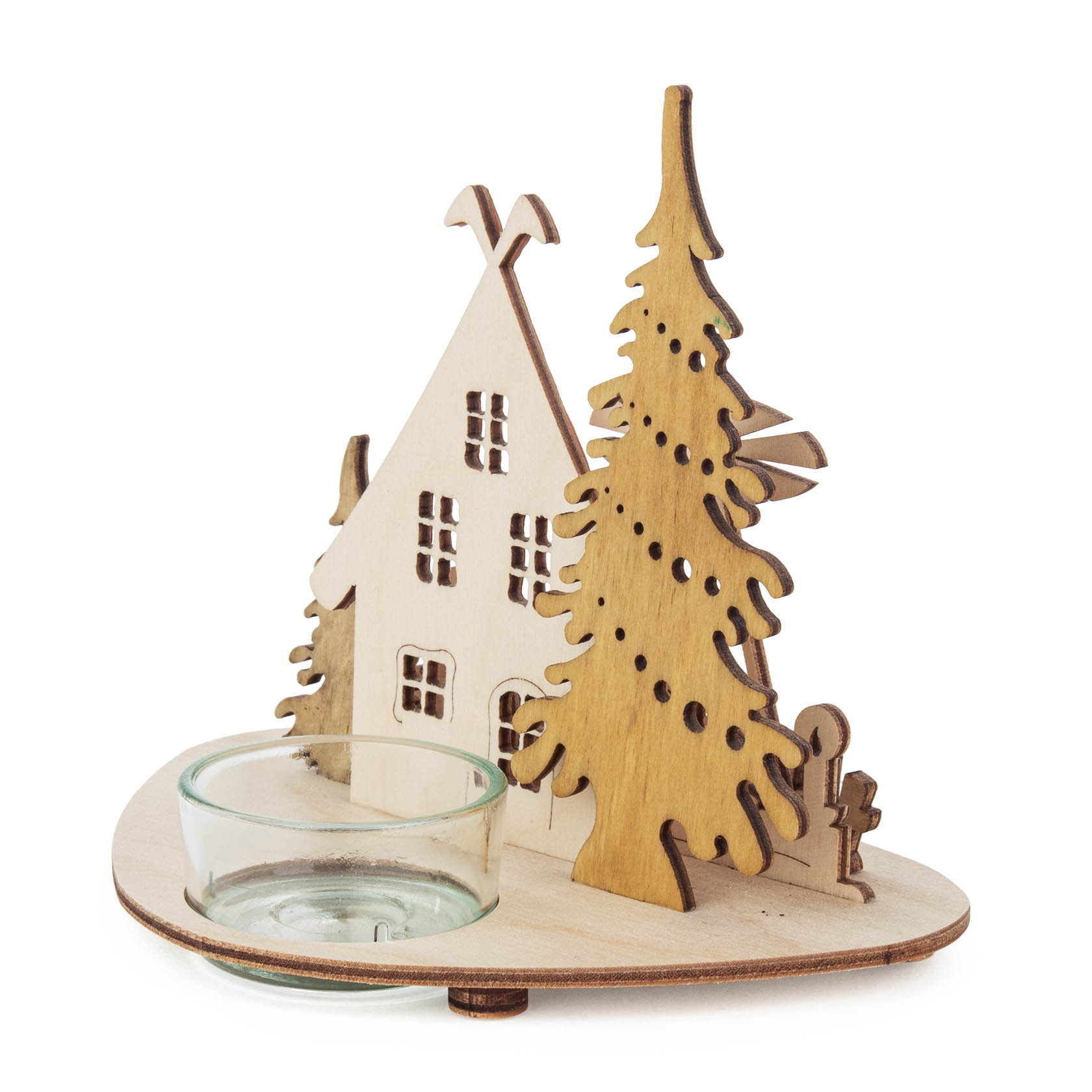 Dekorativer Teelichthalter in Pyramidenform mit fünf Ebenen, bestehend aus einem Teelichtglas, einem Holzhaus und einem Holztannenbaum.