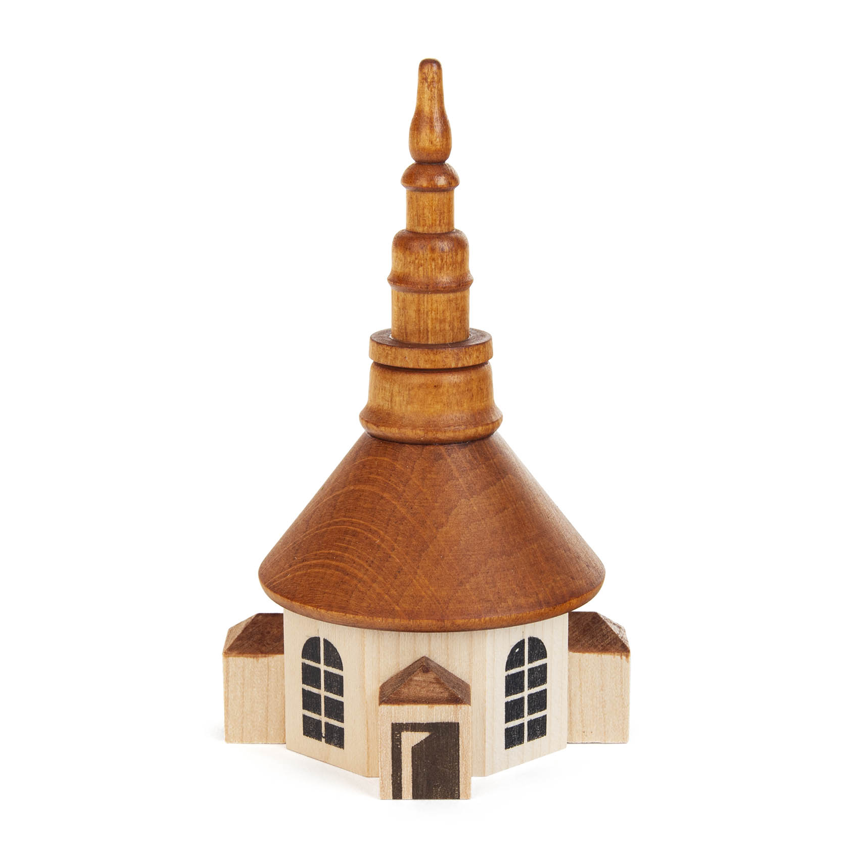 Holzmodell der Seiffener Kirche mit naturbelassener Holzoptik, gekennzeichnet durch einen achteckigen Grundriss und markanten Turm. im Dregeno Online Shop günstig kaufen