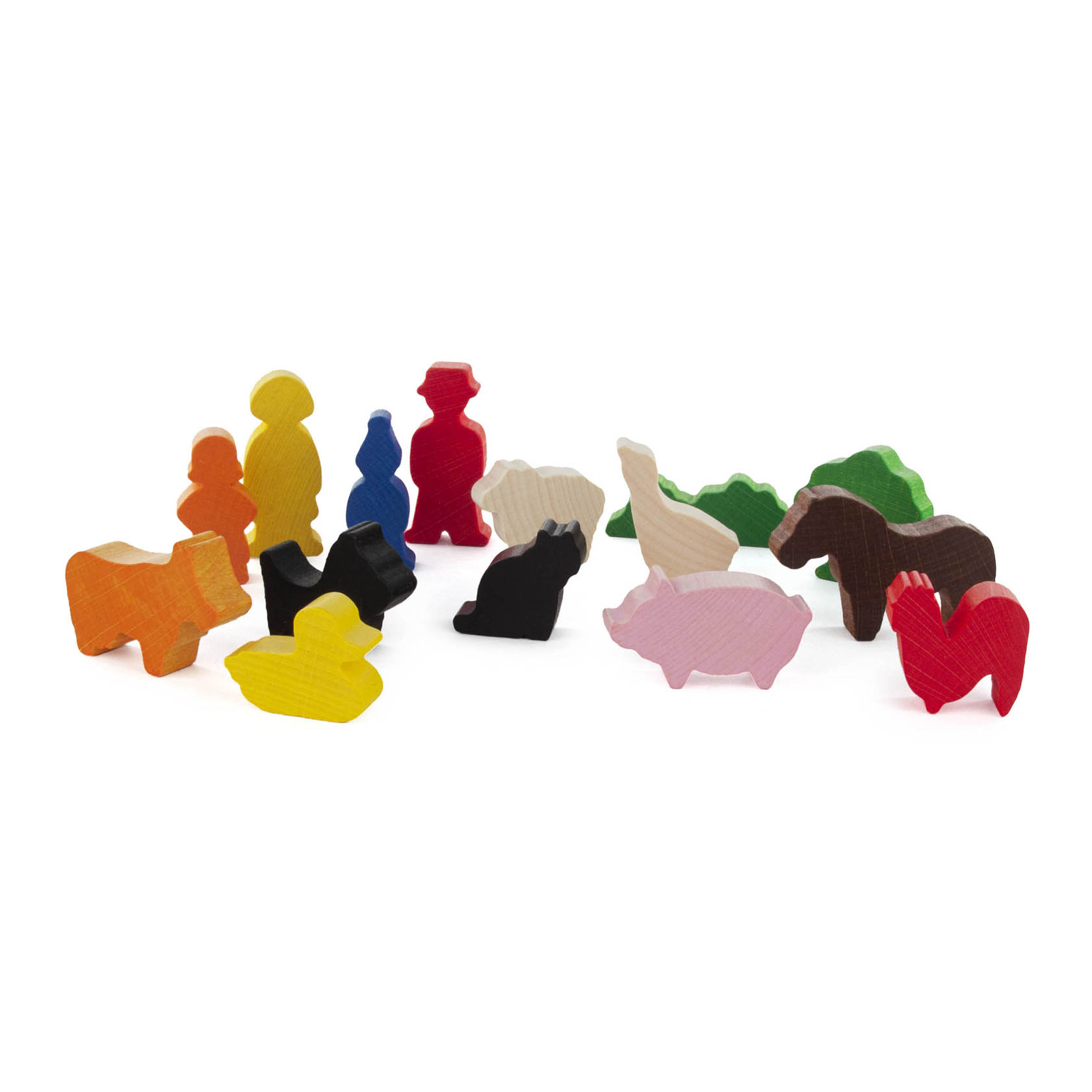 Colorful wooden farm animal and people figurines, including a cow, chicken, pig, horse, and various people, arranged in a group. im Dregeno Online Shop günstig kaufen