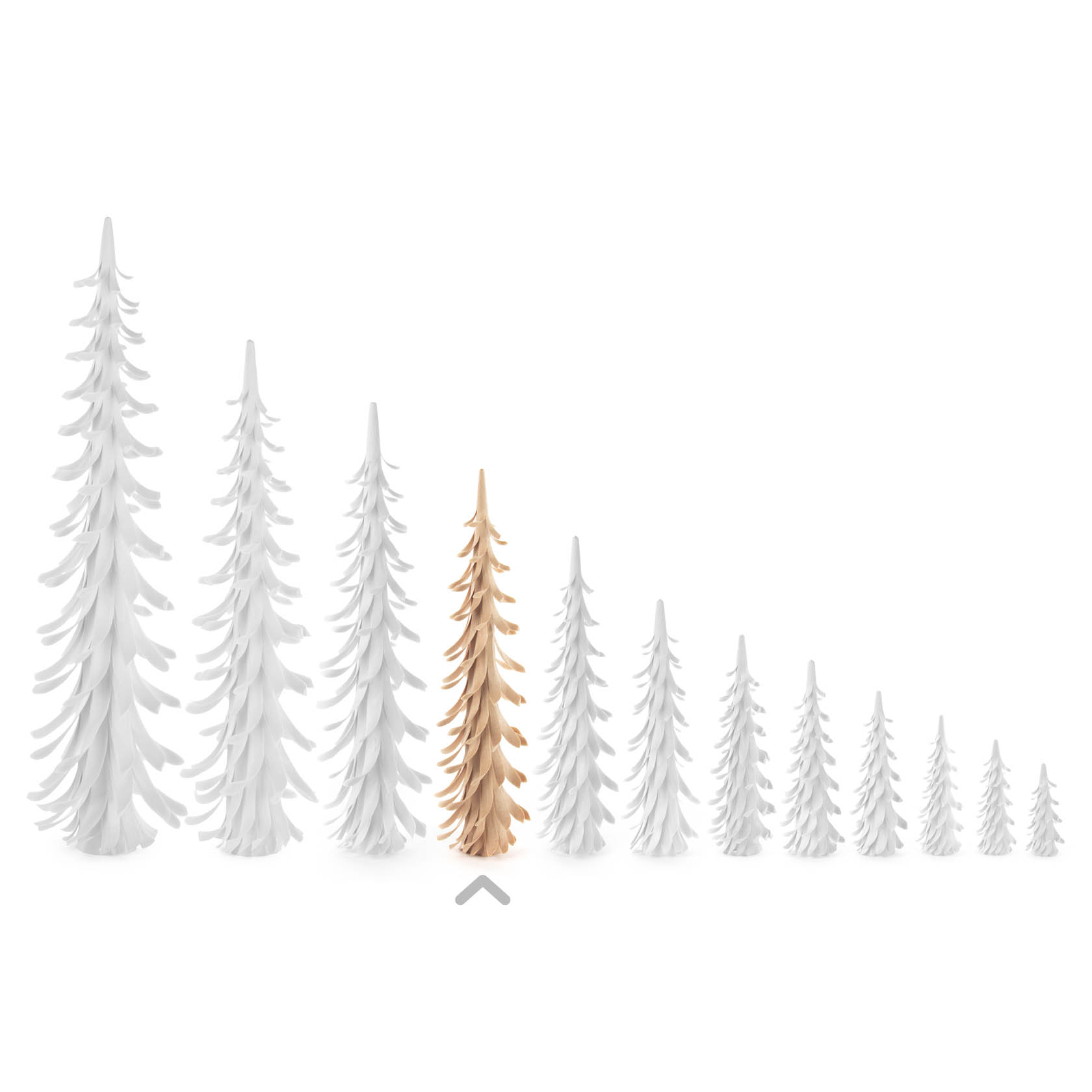 A line of twelve spiral-shaped trees in decreasing size from left to right, with the fifth tree in a natural wood color and the others in white.