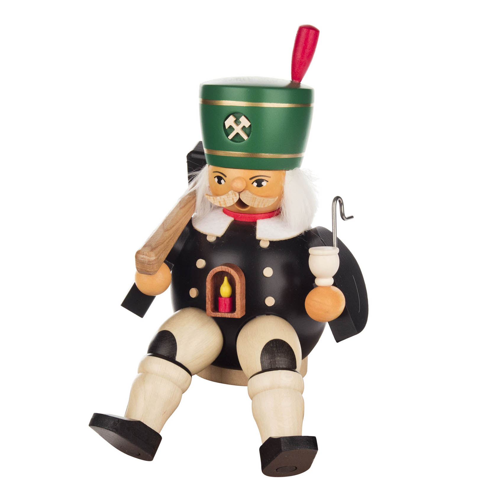Sitting incense smoker figurine of a miner with a green hat and black outfit, holding a pipe and axe.