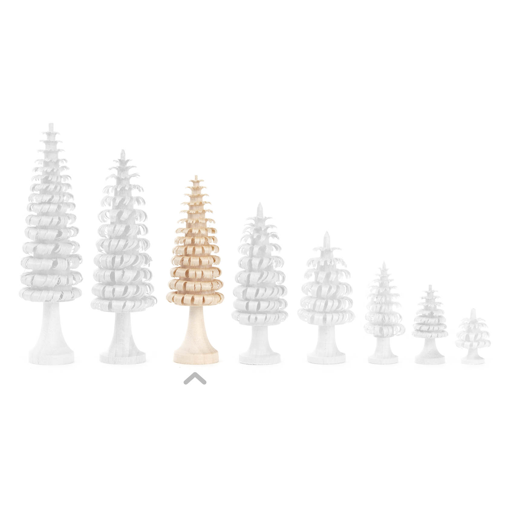 A set of eight spiral wooden trees, one is natural wood color and taller, while the others are smaller and white.