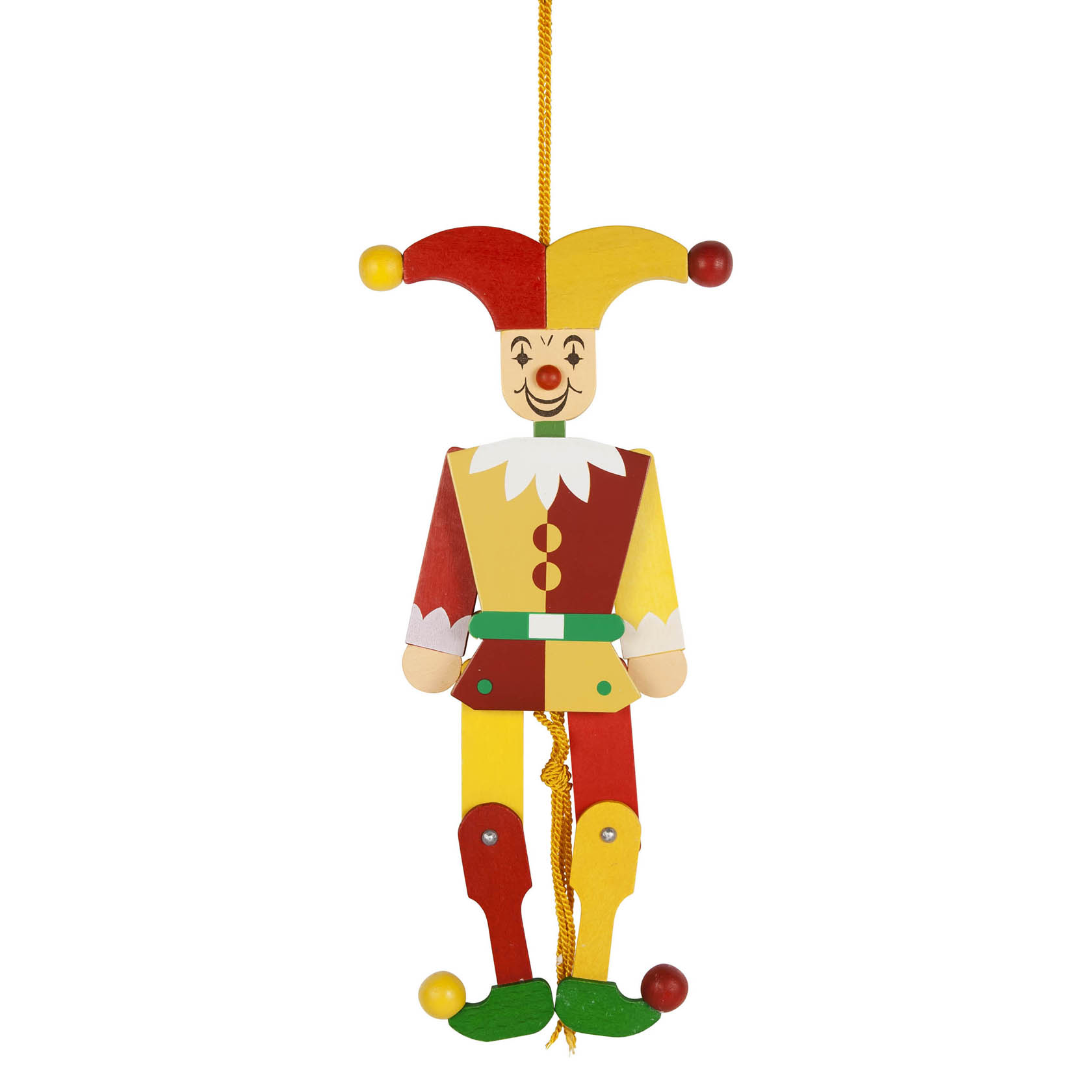 Bunter Hampelmann in Form eines Eulenspiegels mit gelber, roter und grüner Kleidung. Er hat ein lachendes Gesicht und eine Narrenkappe mit Fliegenpilzmuster.