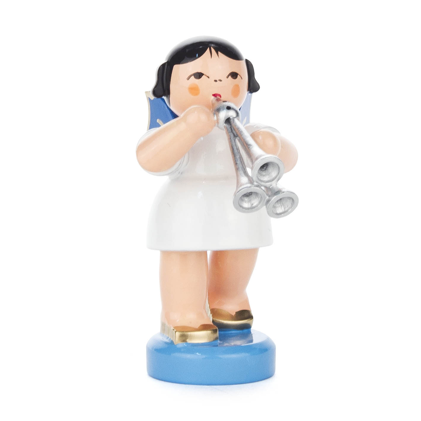 Engel mit Schalmei stehend, blaue Flügel
